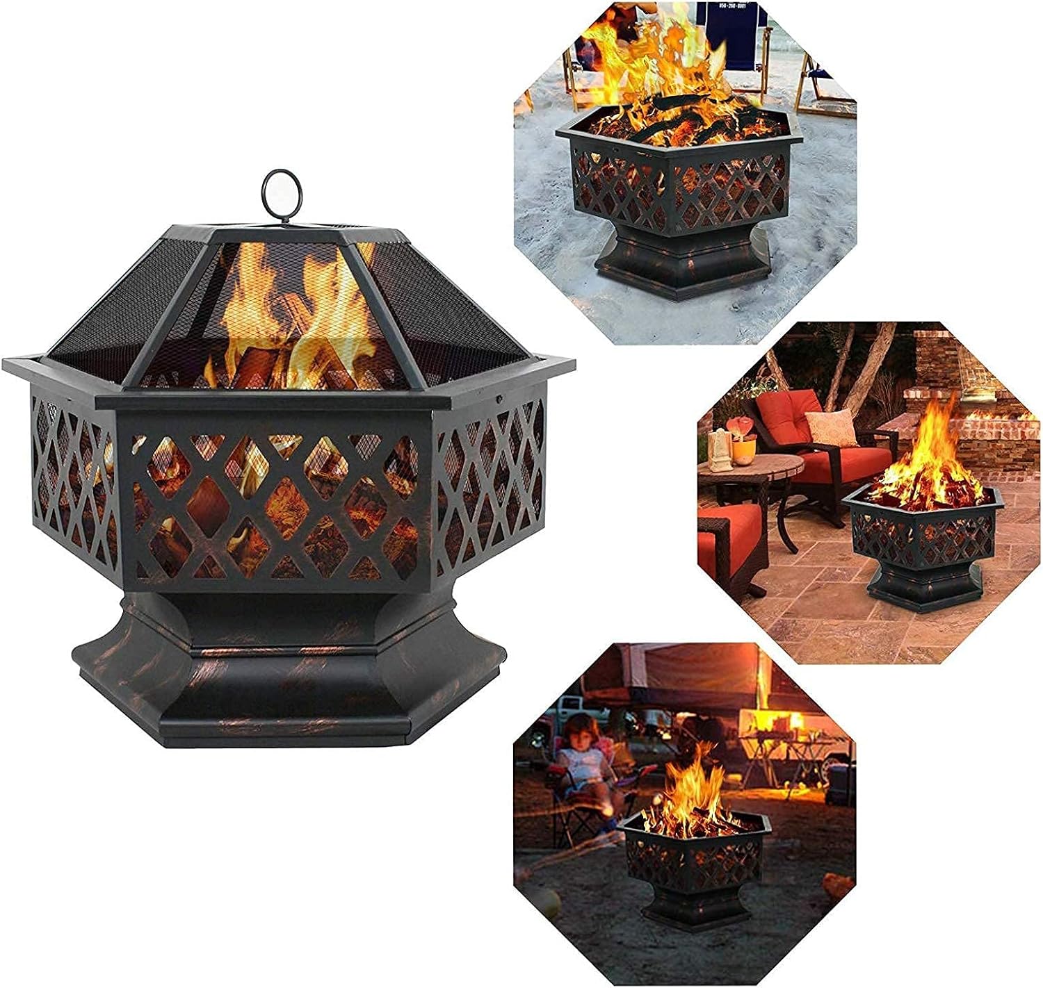 Hexagon Steel Fire Pit with BBQ Grill Shelf, Outdoor Metal Brazier Heater with Poker and Spark Screen, Bonfire Firebowl for Outside Camping Patio Garden Backyard Picnic