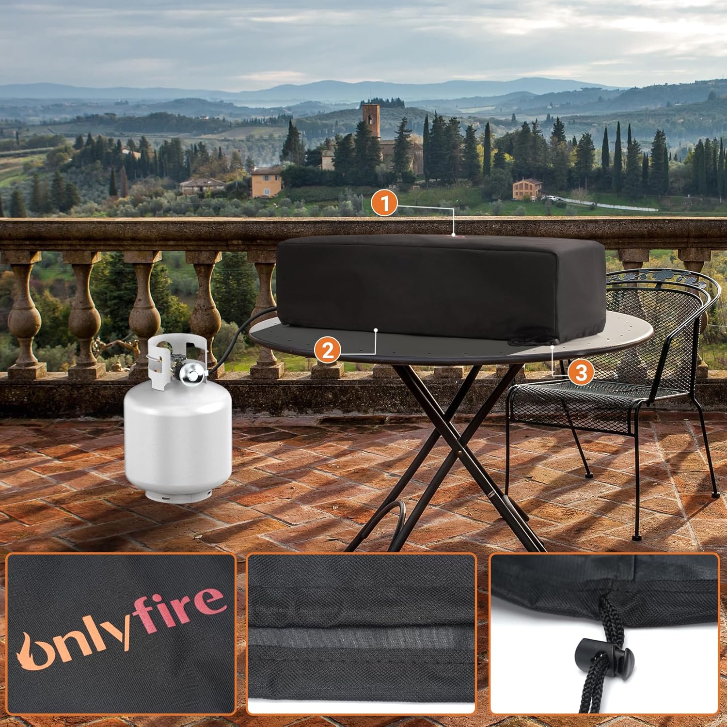 Onlyfire 28 Inch Tabletop Gas Fire Pit with Cover, Outdoor Propane Fire Pit with Bottom Air Inlet, Glass Wind Guard and Lava Rock