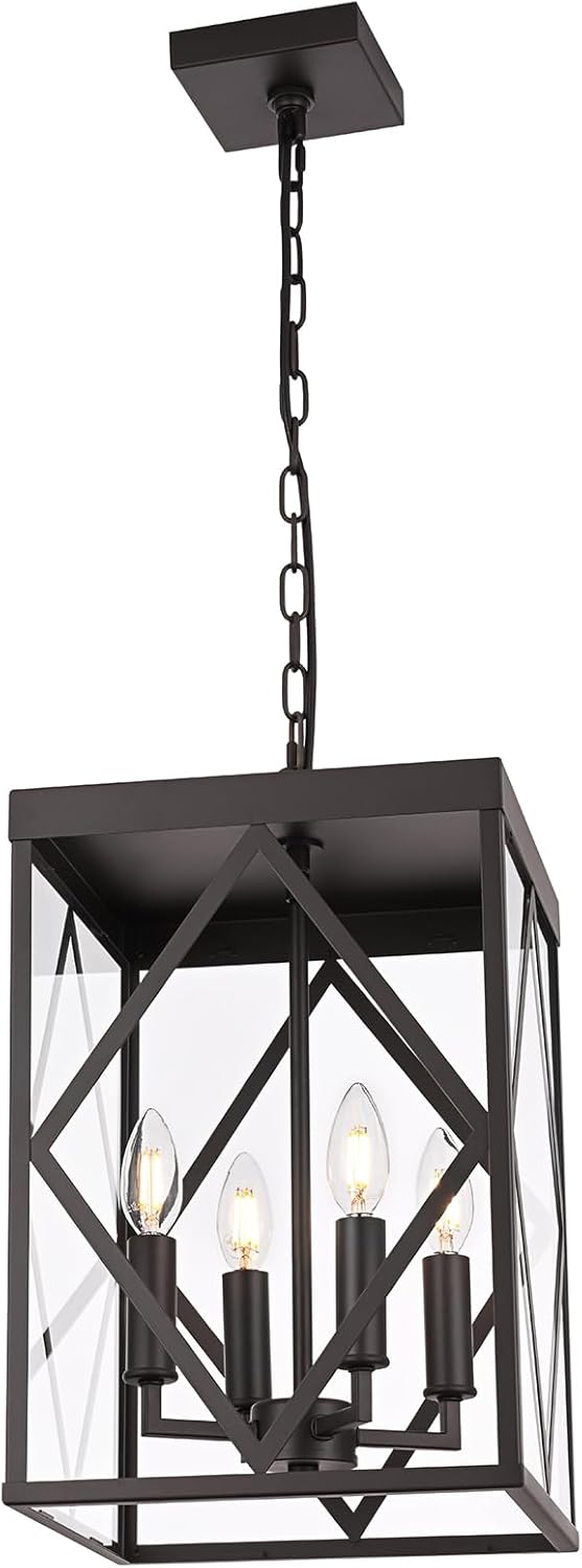 15.7'' Outdoor Pendant Light for Porch 4-Light Outdoor Chandelier Oil Rubbed Bronze Exterior Hanging Porch Light Fixtures with Clear Glass Outside Pendant Lantern for Front Door Entryway Foyer