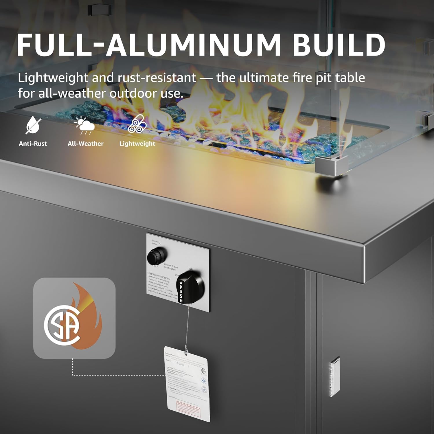 NICESOUL 43'' Aluminum Fire Pit Table, 60,000 BTU Propane/Natural Gas Outdoor Firepit with Wind Guard & Glass Rocks, All-Weather Rectangular Fireplace for Outside Patio CSA-Certified, Ember Black