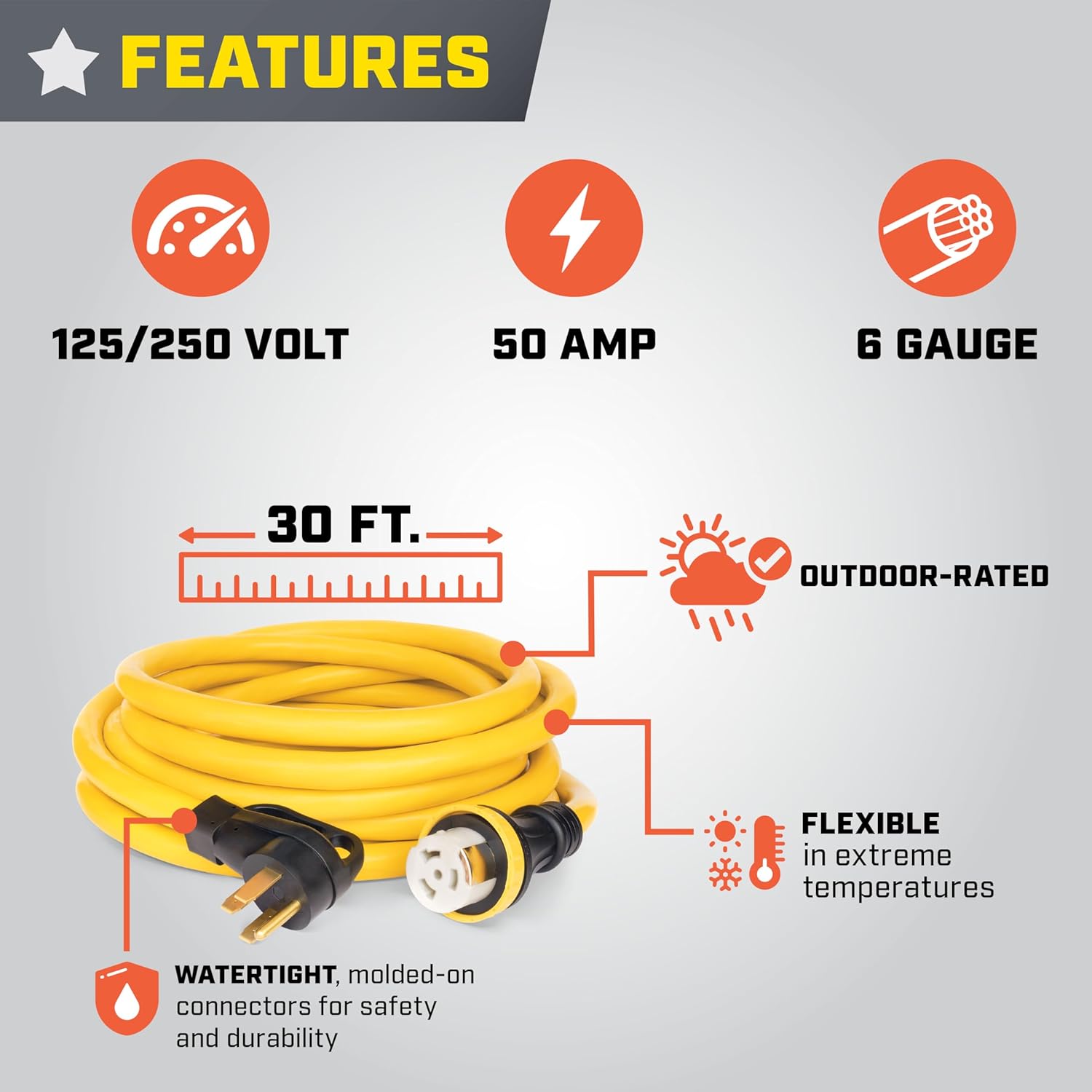 Champion Power Equipment 30-Foot 50-Amp 125/250-Volt RV Generator Power Cord, (14-50P to SS2-50R)