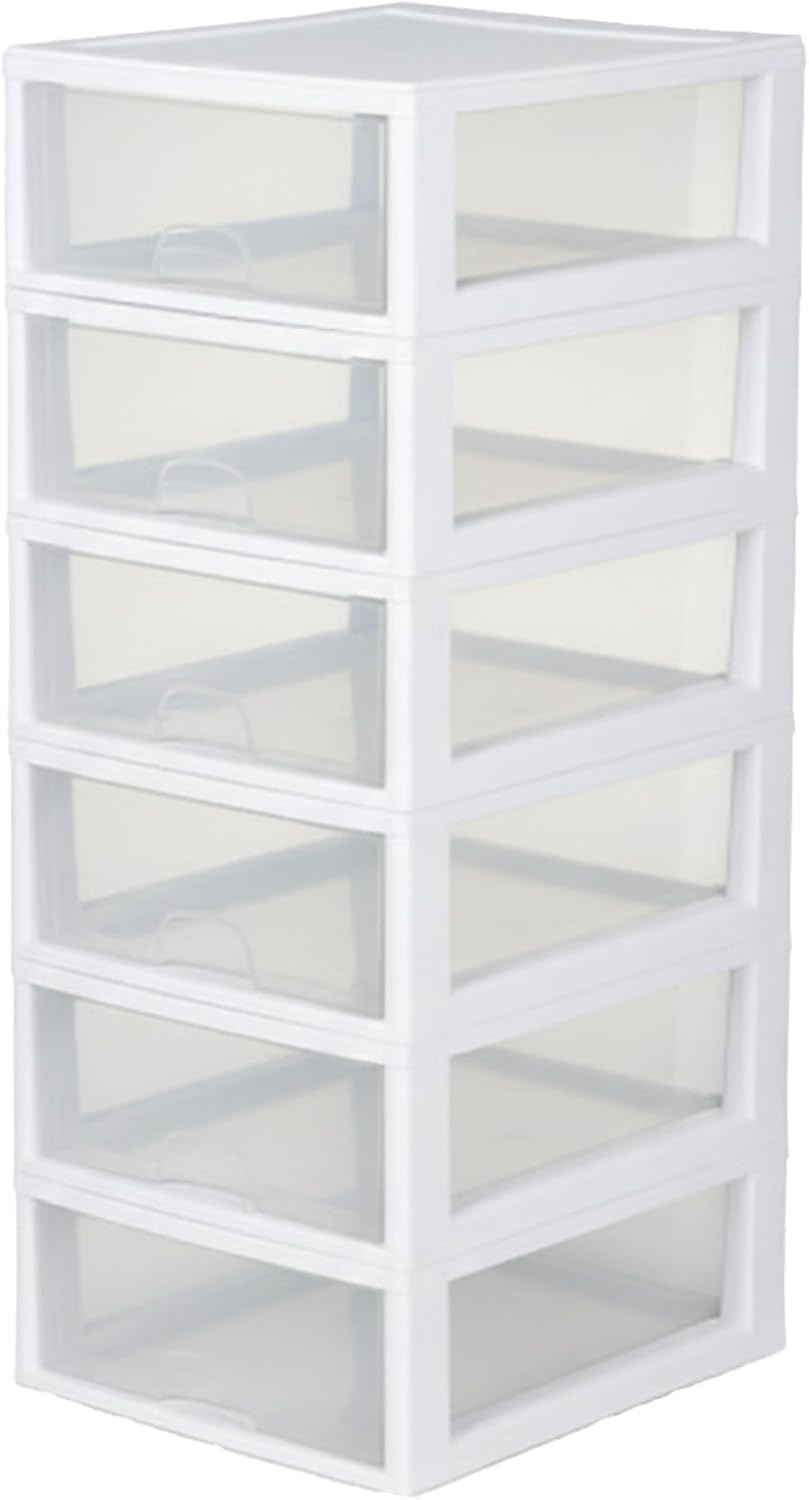 Sterilite 6-Pack 16 Quart Stacking Drawer, Clear Storage Closet Organizer, White Frame - Stackable Modular Plastic Drawers for Clothes, Accessories, Craft Supplies, Shoes or Linens