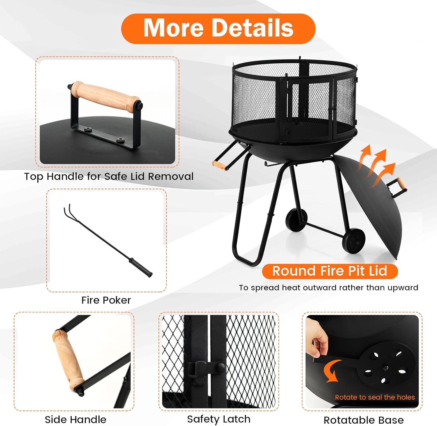 S AFSTAR Fire Pit Outdoor Indoor, 28 Inch Wood Burning Fire Pits W/Wire Mesh Doors, Firepit Lid, Log Grate & Fire Poker, 42.5 Height Rolling Bonfire Fire Pit Portable Firepits for Outside Patio Deck