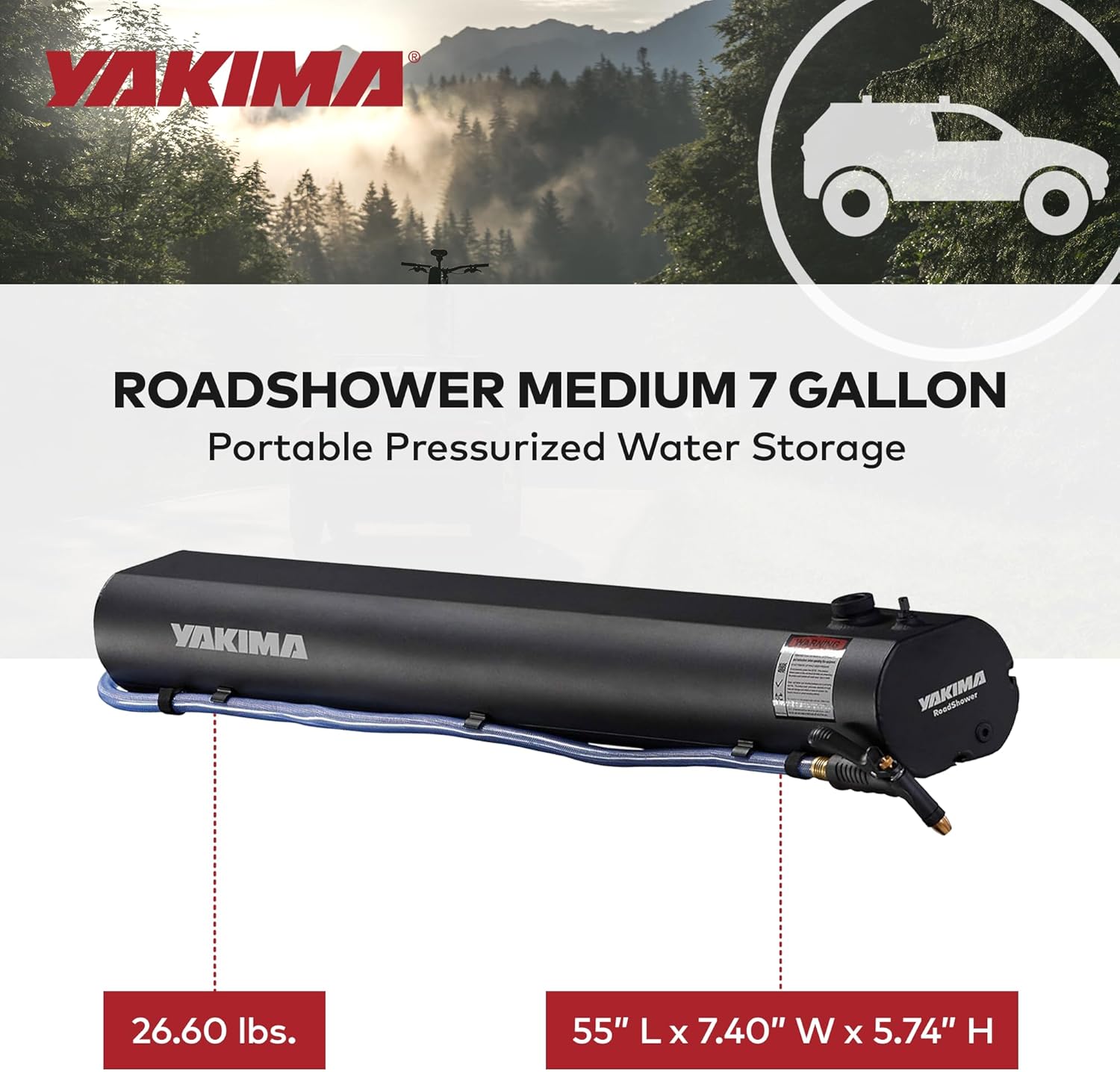 Yakima RoadShower Portable Aluminum Pressurized Water Storage with Garden Hose Adapter and 2 Outlet Water Ports