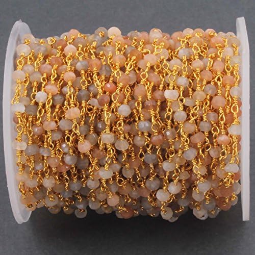 LKBEADS 50 Feets Multi Moonstone Rosary Style 2.5mm-3mm Beaded Chain -Bulk Wholesale 24k Gold Plated Chain