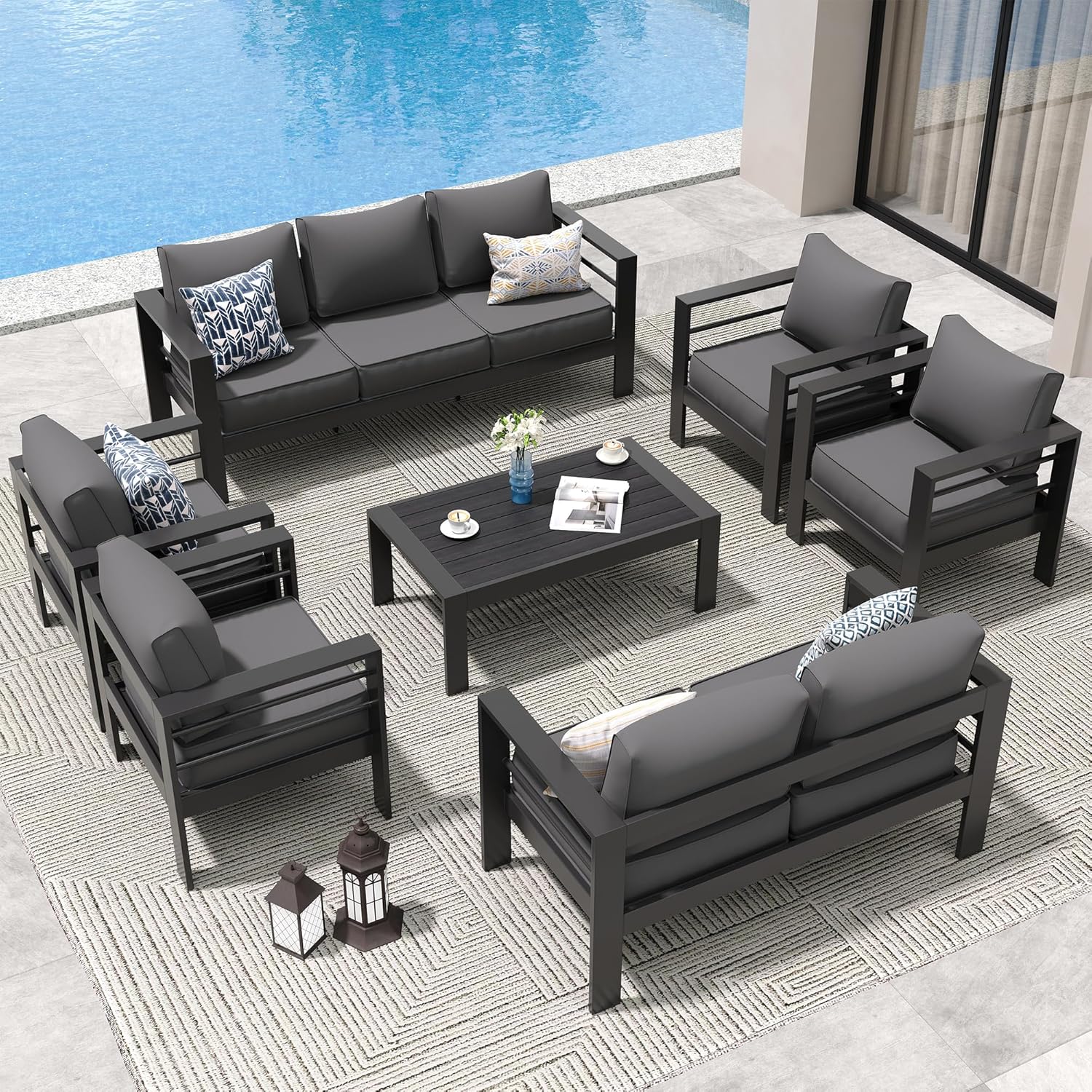 Amopatio Aluminum Patio Furniture Set, 10 Pieces Modern Patio Conversation Sets, Outdoor Sectional Metal Sofa with Coffee Table for Balcony, Garden, Dark Grey (Included Waterproof Covers)