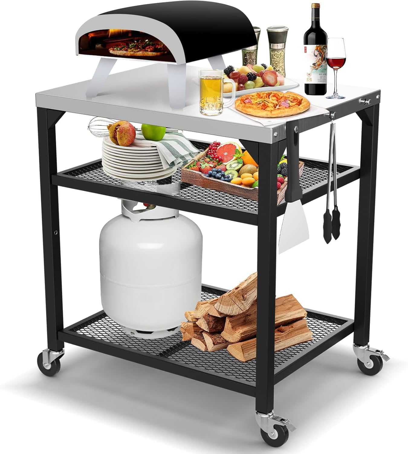 Pizza Oven Table for Ooni, Ninja, Woodfire, Blackstone, Bighorn, Cuisinart, Outdoor Grill Table for Ooni Pizza Oven Accessories, Movable Pizza Oven Stand as Food Prep Cart, Barbecue Tool Set