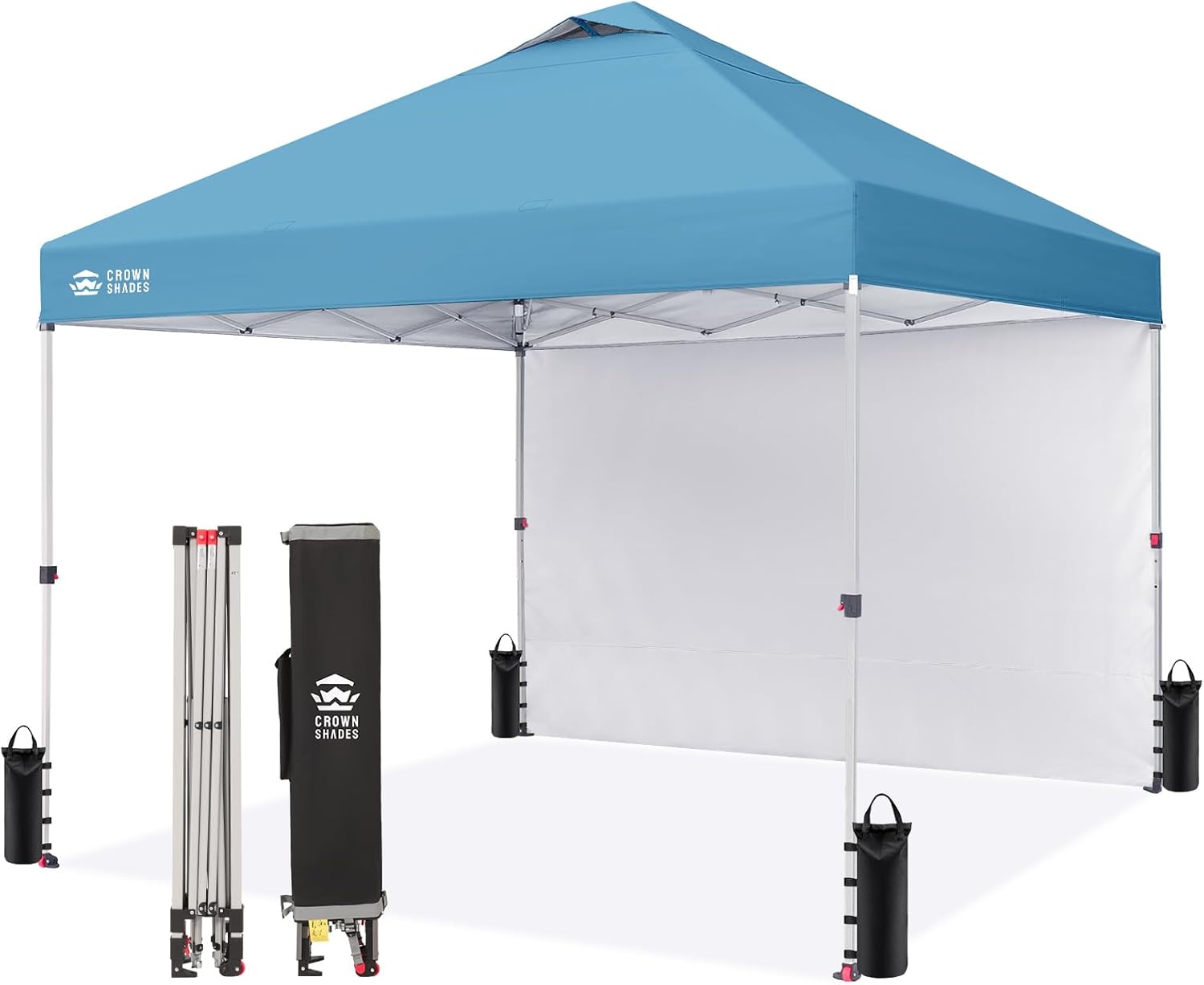 CROWN SHADES 10x10 Pop Up Canopy with 1 Side Wall - Beach Tent with One Push Setup - Outdoor Sun Shade for Events, Parties, Camping - Gazebo with STO-N-Go Cover Bag (Cyan Blue)