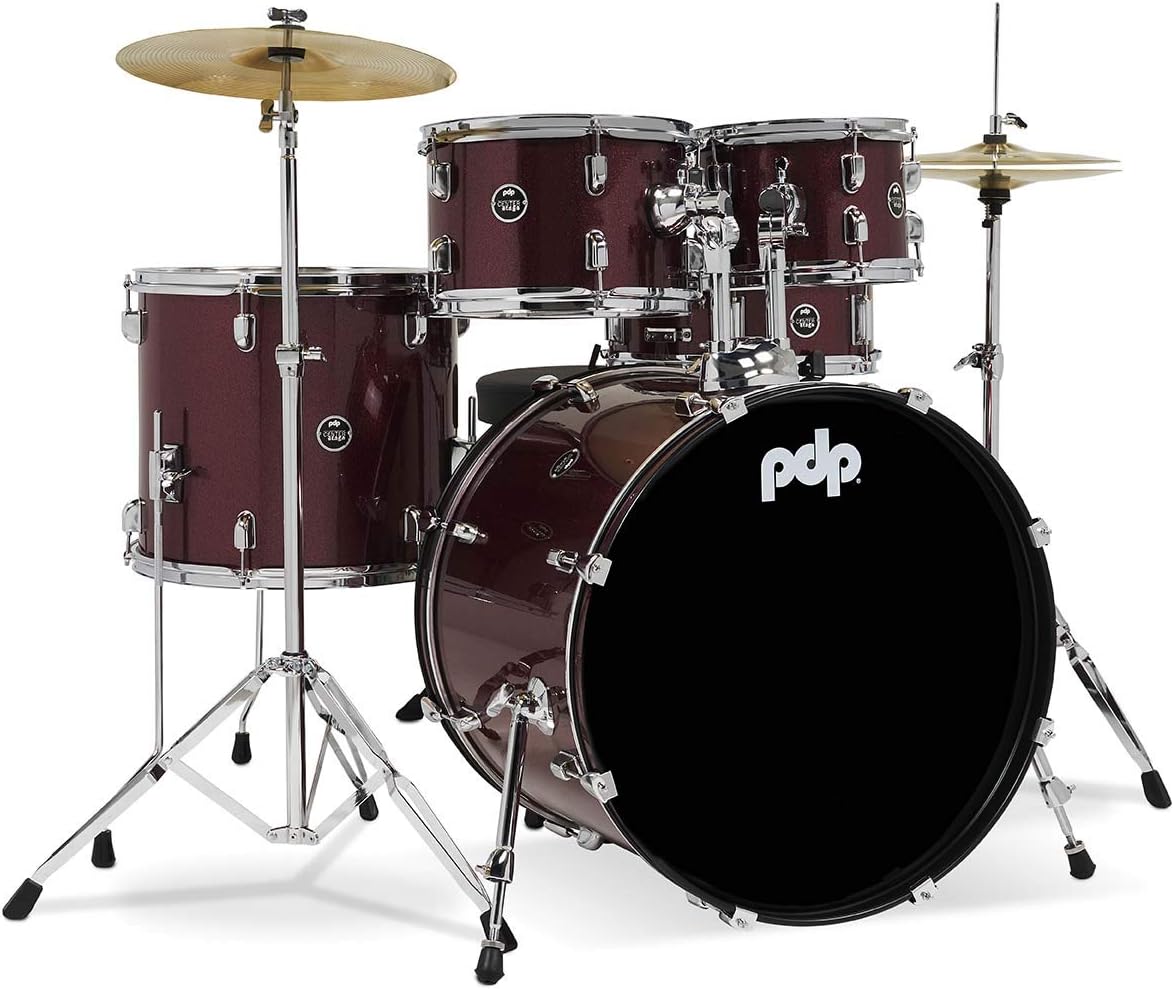 Pacific Drums Center Stage Complete Drumkit, 5 Drum Set, Ruby Red Sparkle, 7x10, 8x12, 14x16 Floor, 16x22 Kick, 5x14 Snare (PDCE2215KTRR)