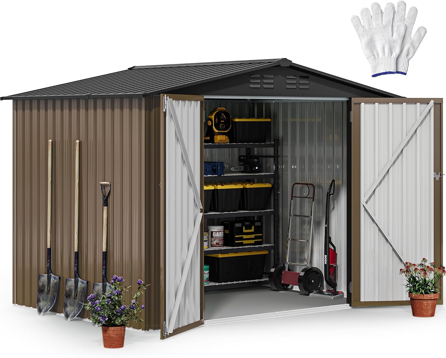 DWVO 8'x6' Large Metal Outdoor Storage Shed, Heavy Duty Tool Storage Sheds for Backyard Patio Lawn - Ideal for Bicycles, Garden Tools, and Lawn Equipment, Easy-to-Assemble, Brown