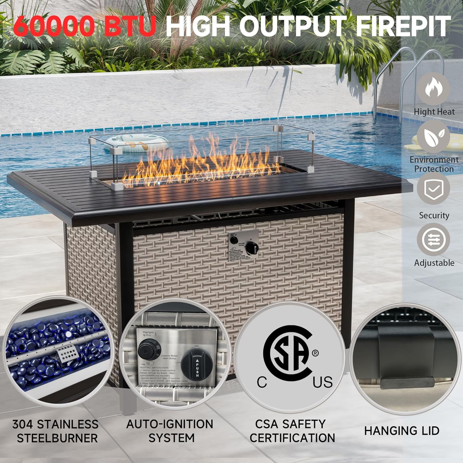 Rattan Fire Pit Table,40.5-inch Rectangle Grey Outdoor Companion,60000 BTU Auto-Ignition w Glass Wind Guard,Internal 20lb Propane Tank, Dust Cover (Grey, Rattan)