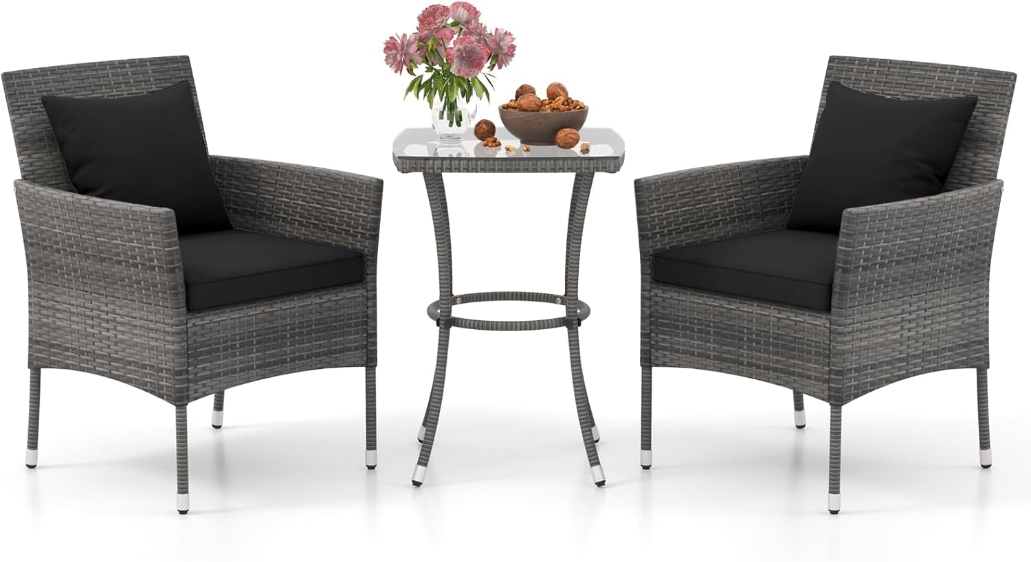 Tangkula 3-Piece Patio Furniture Set, PE Wicker Conversation Bistro Set w/A Tempered Glass Table & 2 Cushioned Chairs, Outdoor Table & Chairs Set for Patio Porch Yard Garden (Black)