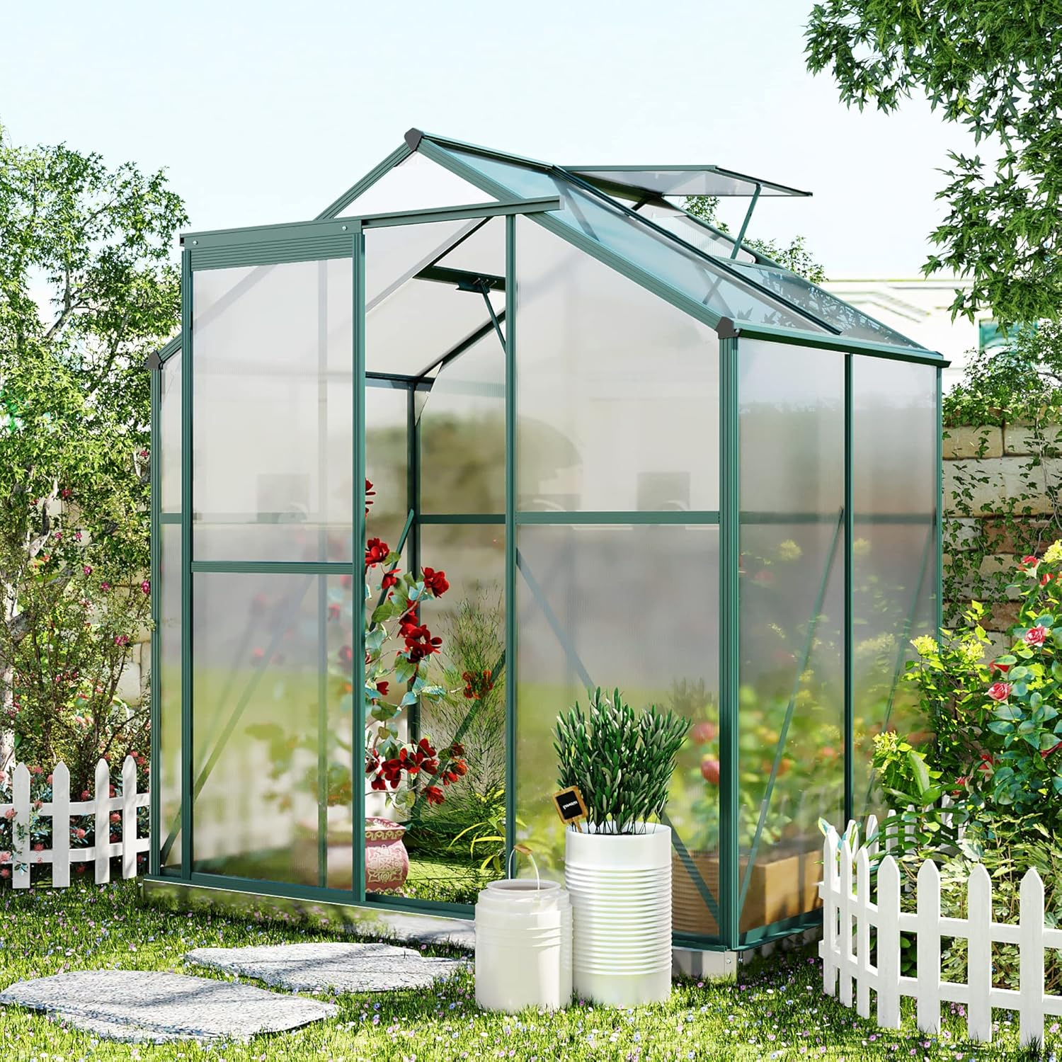 Generic Upgraded Outdoor Patio 6.2ft Wx4.3ft D Greenhouse, Walk in Polycarbonate Greenhouse with 2 Windows and Base,Aluminum Hobby Greenhouse with Sliding Door for Garden, Backyard, Green ZB300