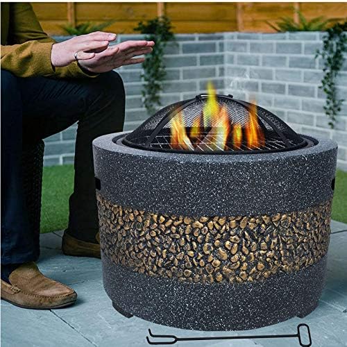 Fire Pit with BBQ Grill Shelf Outdoor 3 in 1 Multifunctional Metal Fire Pit Garden BBQ Firepit with Poker, Grill, Mesh Lid