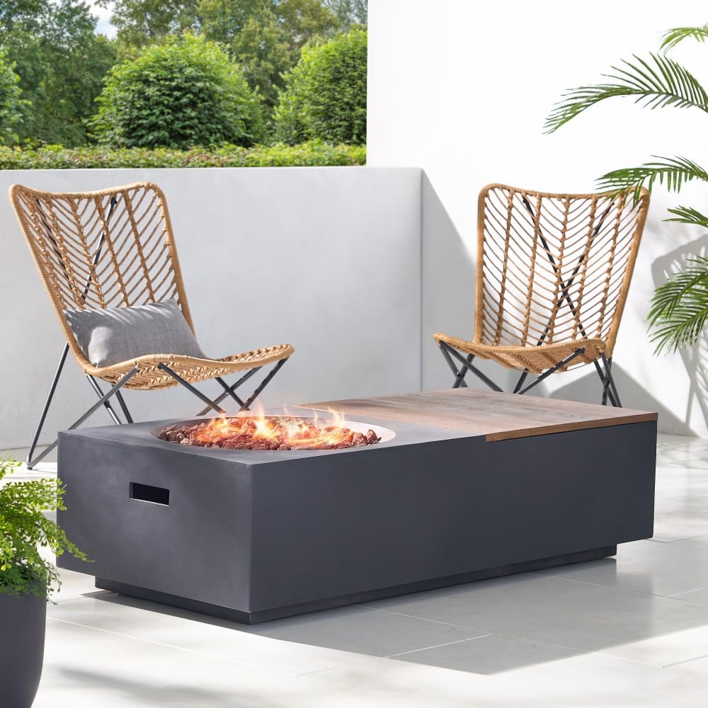 Outdoor 50,000 BTU Lightweight Concrete Fire Pit Table with Removable Top and Storage Compartment for Patio or Garden Use