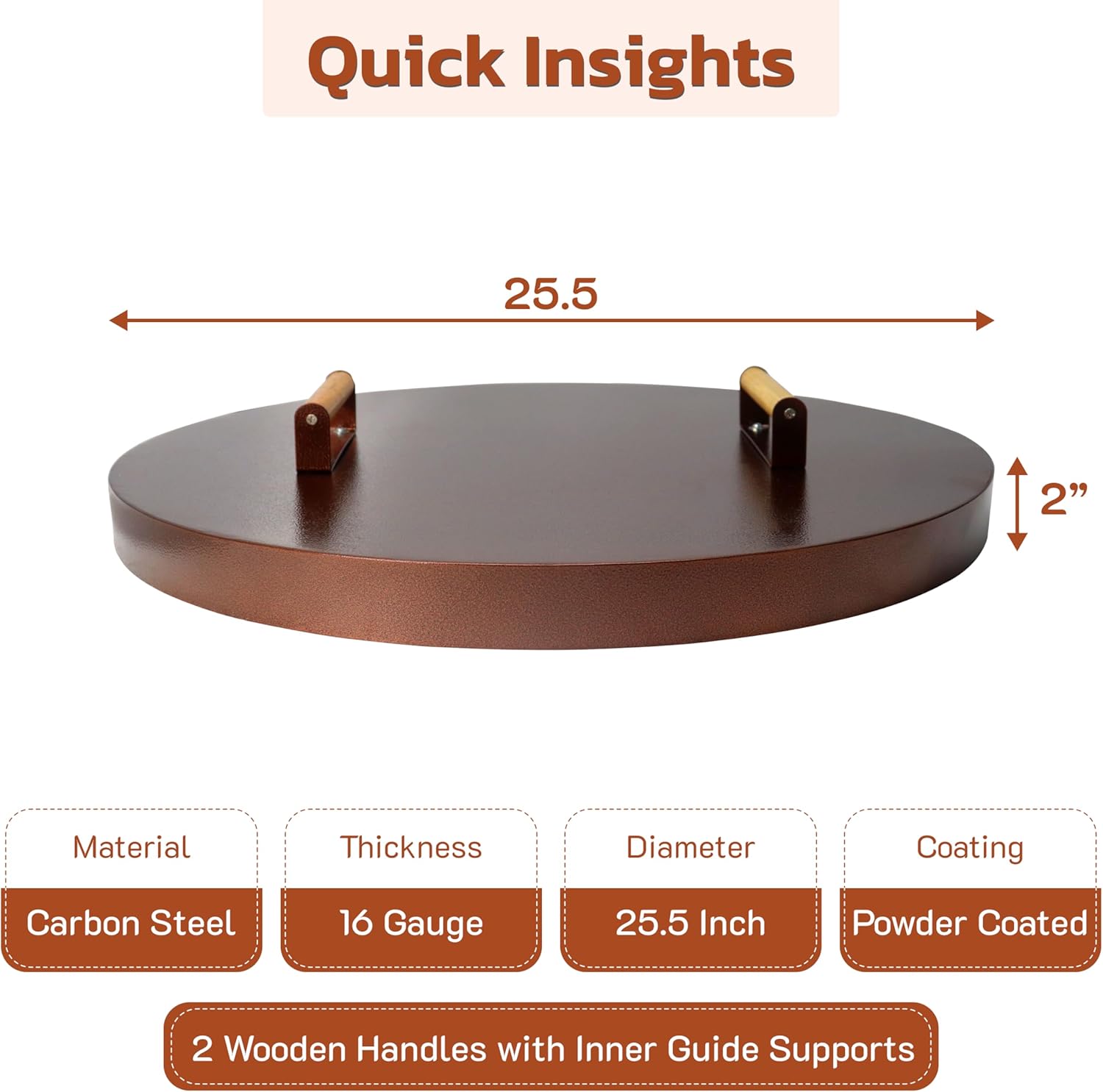 25.5” firepit lid round for inside up to 23” gas fire pit lid for Outdoor Fireplace Cover Lid Steel fire pit metal cover W/ Wooden Handle & Bronze Coated Snuffer Lid for Round Patio Fire Pit Ring