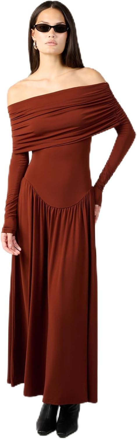 WEWOREWHAT Women's Off Shoulder Ruched Midi Dress