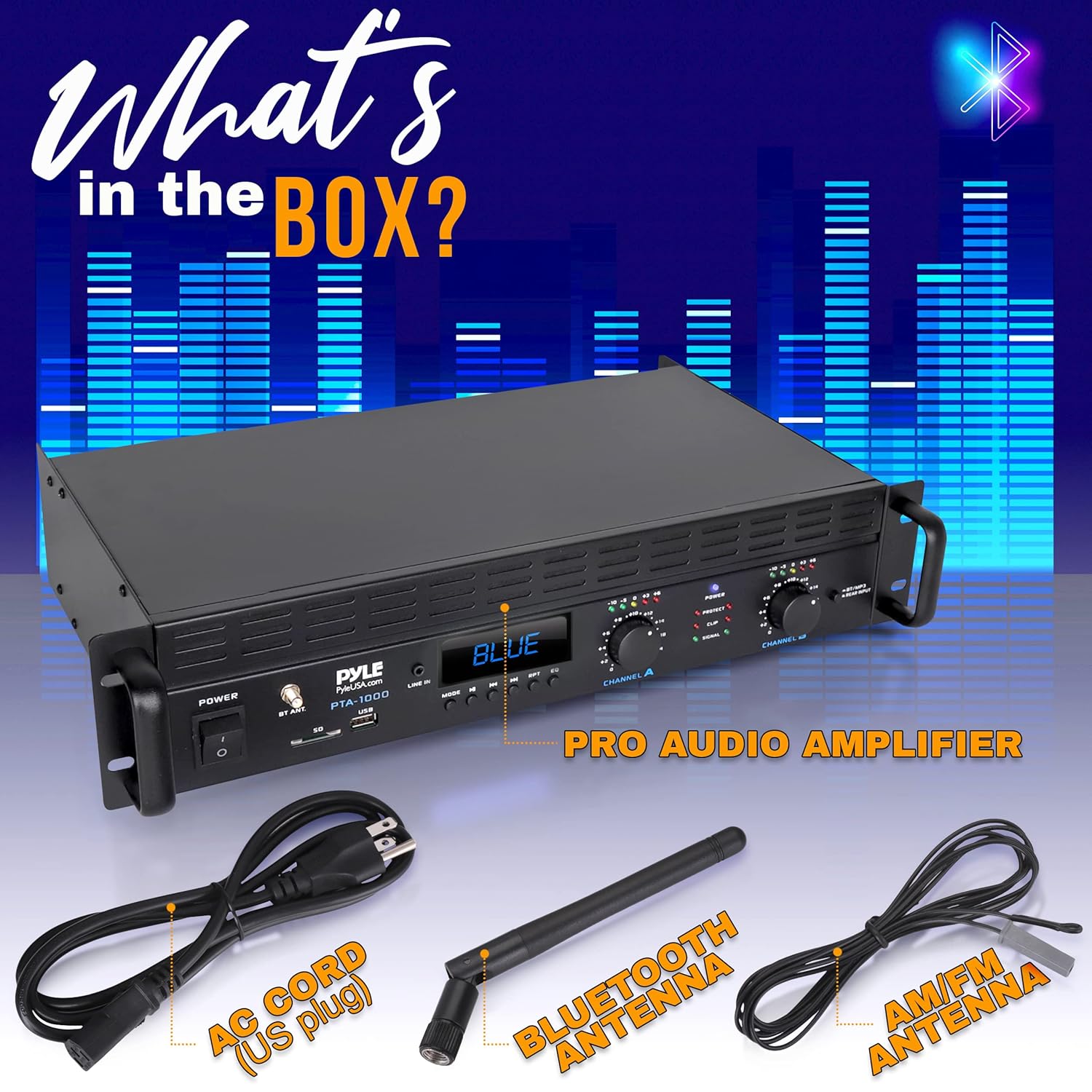 Pyle 2-Channel Bluetooth Power Amplifier- 2000W Bridgeable Rack Mount Pro Audio Sound Wireless Home Stereo Receiver w/TRS XLR Input,LCD,Bridge Mode,Cooling Fan,Entertainment Speaker System- PTA1000BT