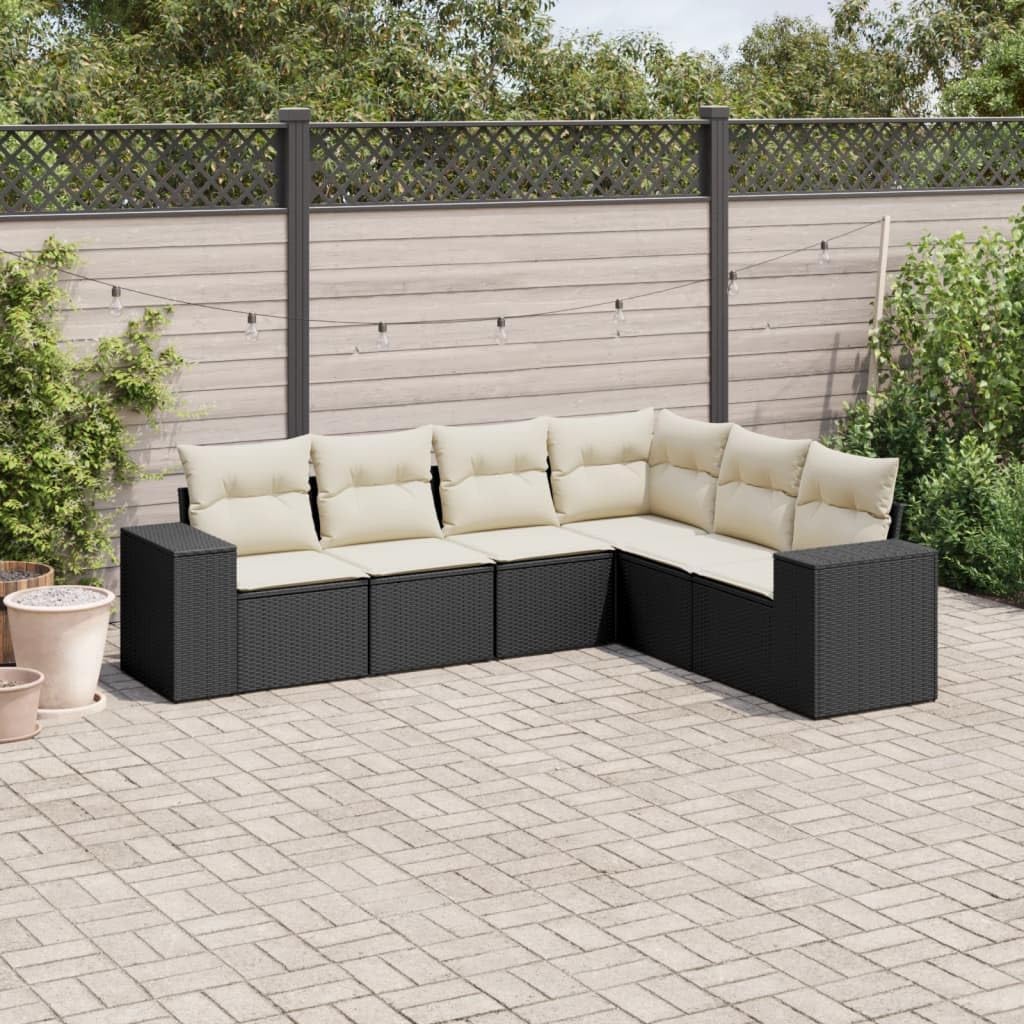6-Piece Modular Garden Sofa Set with Cushions, Poly Rattan & Steel Outdoor Furniture for Patio, Balcony, Weather-Resistant Black and Cream Seating