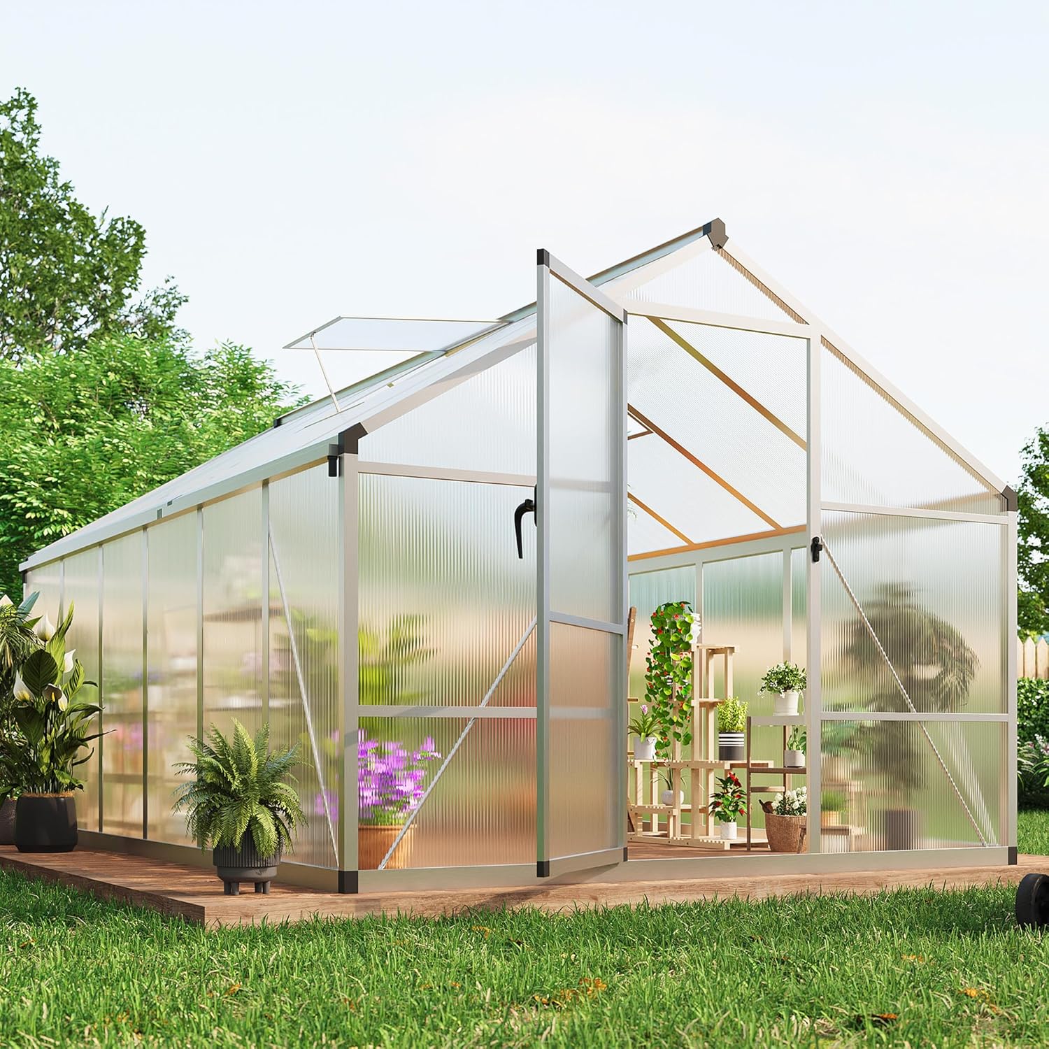 8 x 12 ft Greenhouse, Greenhouses for Outside, Polycarbonate Greenhouse with Aluminum Frame, Lockable Door and Ajustable Roof Vent for Backyard, Green Houses for Outside Garden Backyard, Patio