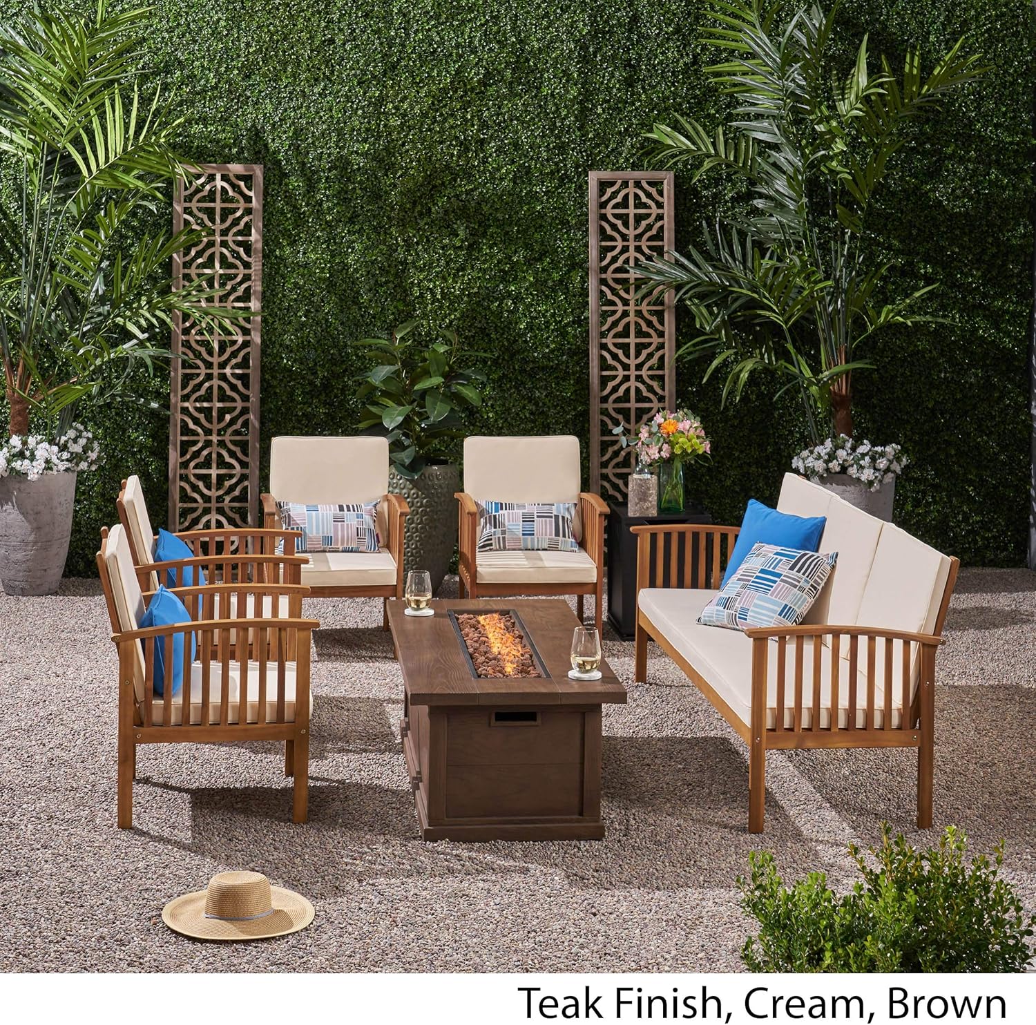 GDFStudio Outdoor 7 Piece Acacia Wood Chat Set with Fire Pit, Teak and Brown
