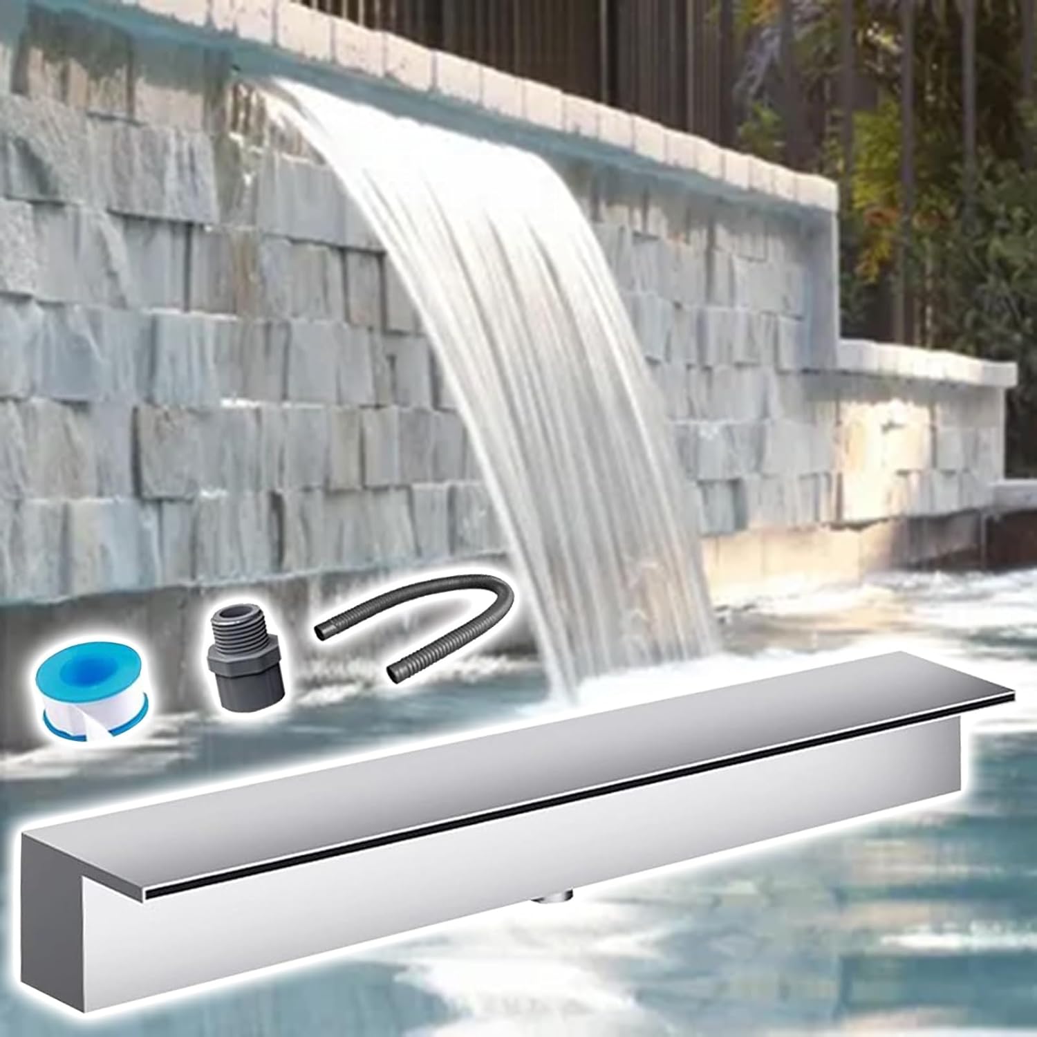 Household & Commercial Water Waterfall Weir, Customizable Stainless Steel Pool Fountain with Hose, for Garden/Ponds/Backyard(Silver,175cm/68.9in)