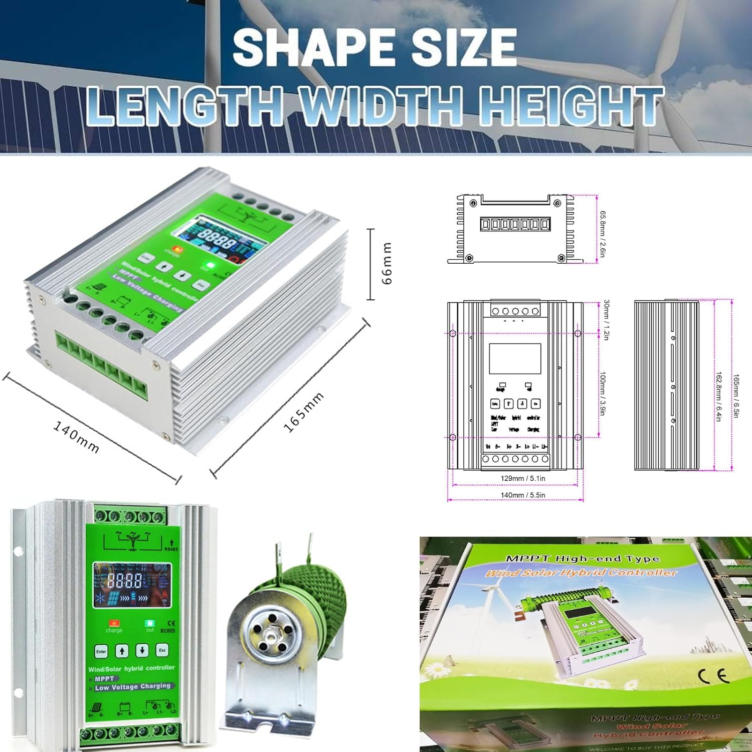 Wind Turbine Solar Hybrid Mppt Charge Boost Controller Wind Solars Hybrid Charge Controller,12v /24v /48v Solar Controller, with LCD Display and Load Resistance