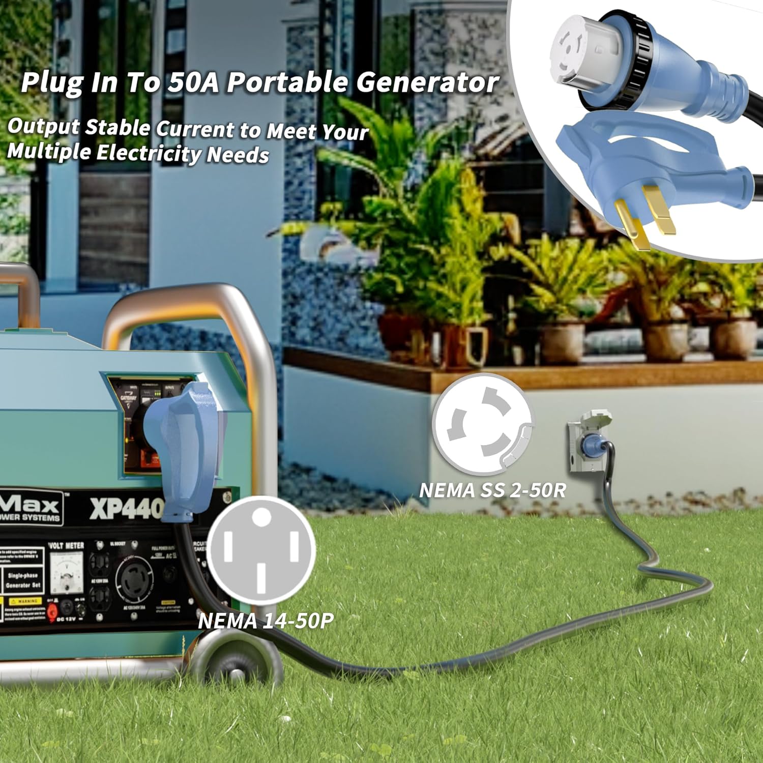 50 Amp Generator Cord, 15FT 50 Amp RV Extension Cord with Twist Lock, Generator Cable 50A 4 Prong Blue, NEMA 14-50P/SS2-50R Heavy Duty STW Wire for RV Camper & House