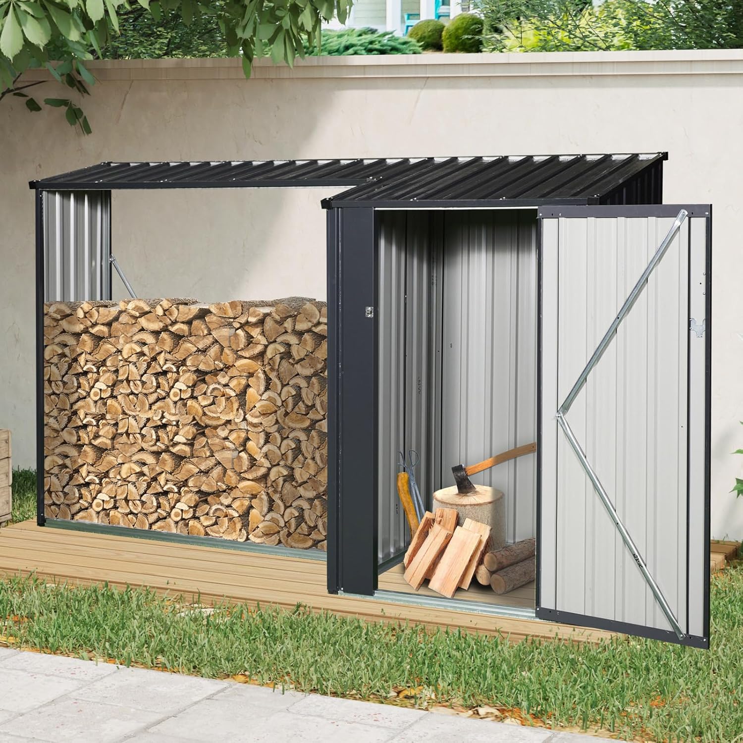 Outdoor Firewood Storage Shed, Steel Firewood Rack with Reinforced Base, 2 in 1 Metal Tool Sheds Cabinet, Multi-Functional Shelter for Patio Garden Backyard (3FT*8.5 FT)