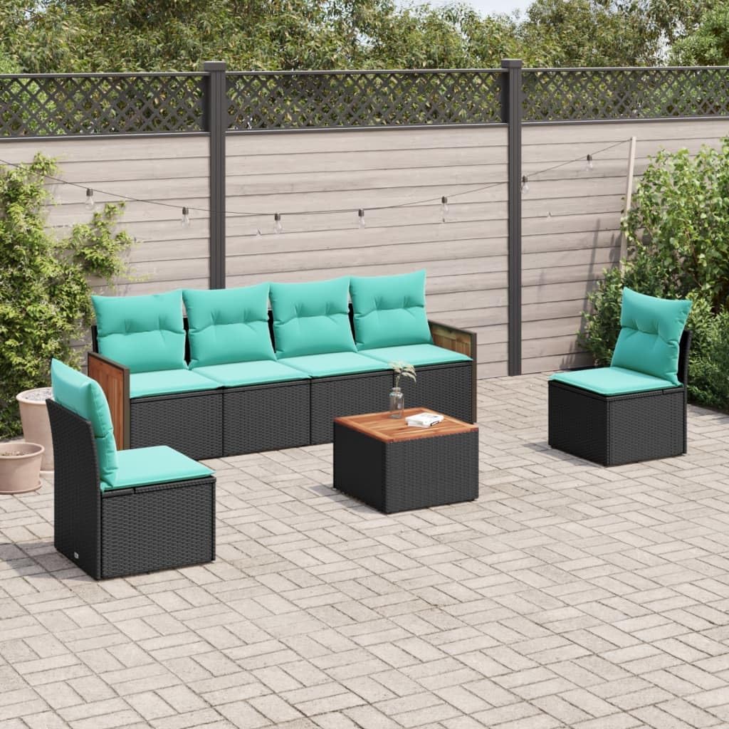 7 Piece Garden Sofa Set with Cushions, Black Poly Rattan Outdoor Patio Furniture, Modular Design, Weather-Resistant, Acacia Wood Tabletop