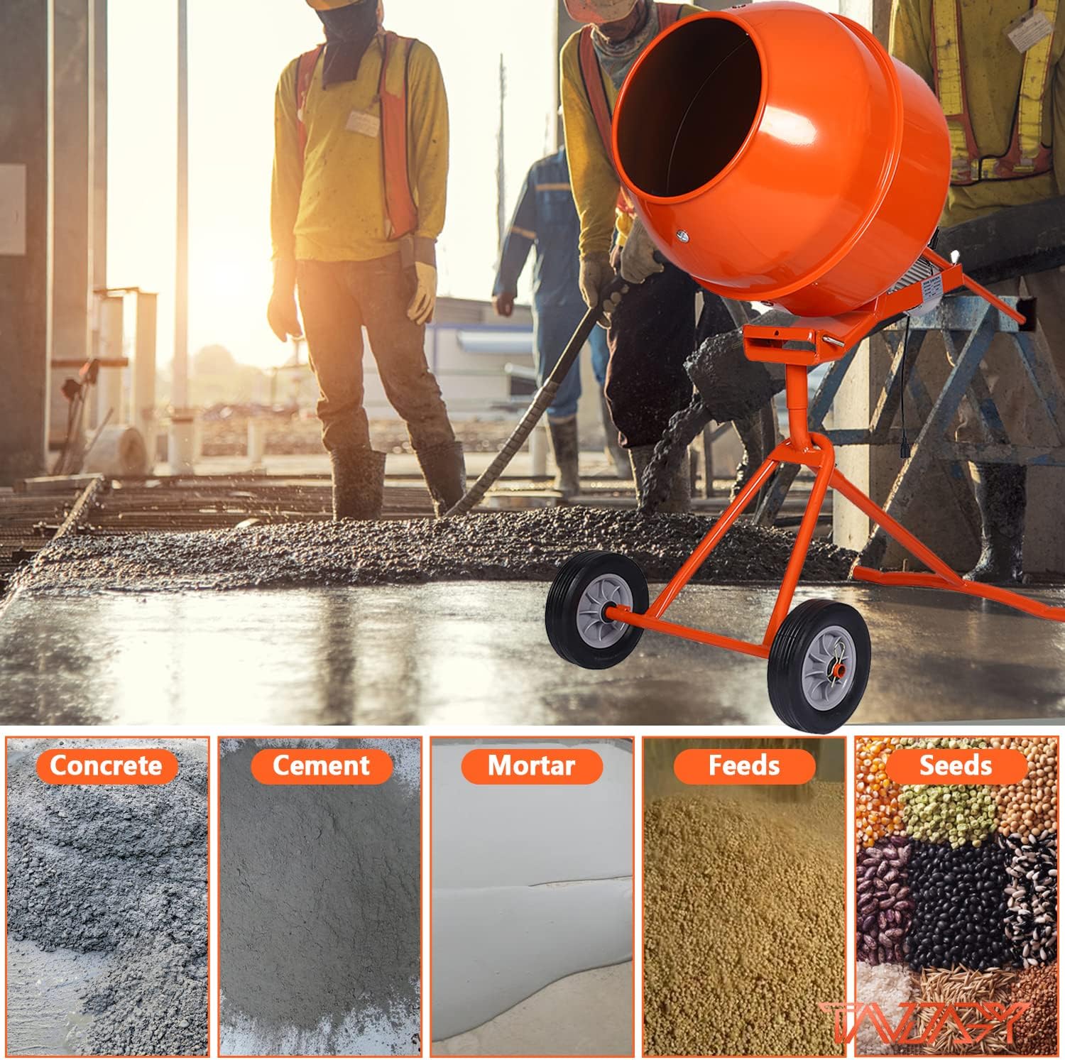 Portable 5 Cu Ft Concrete Cement Mixer 1/2 H P Electric Mixer Machine with Wheel Freestanding Barrow Machine 4 Gear Concrete Mixer Machine 23 RPM Cement Mixing Machine for Stucco Mortar Seeds