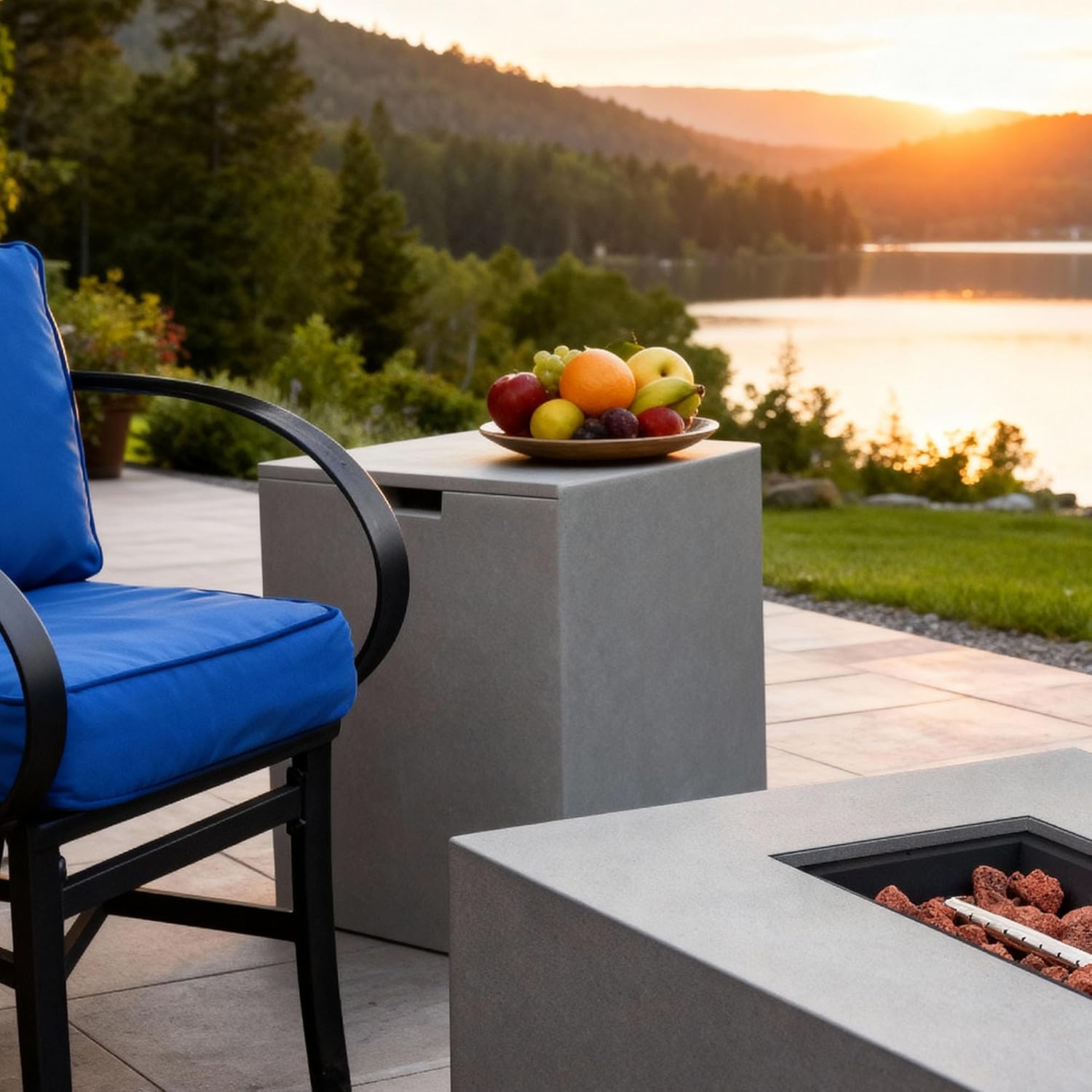 Square Propane Tank Cover with Side Table for Outdoor Fire Pit, 20 lb Gas Cylinder Holder Storage Hideaway Box, Gray Iron Enclosure for Patio Furniture, Garden Use with Gas Fire Pits, Only Table