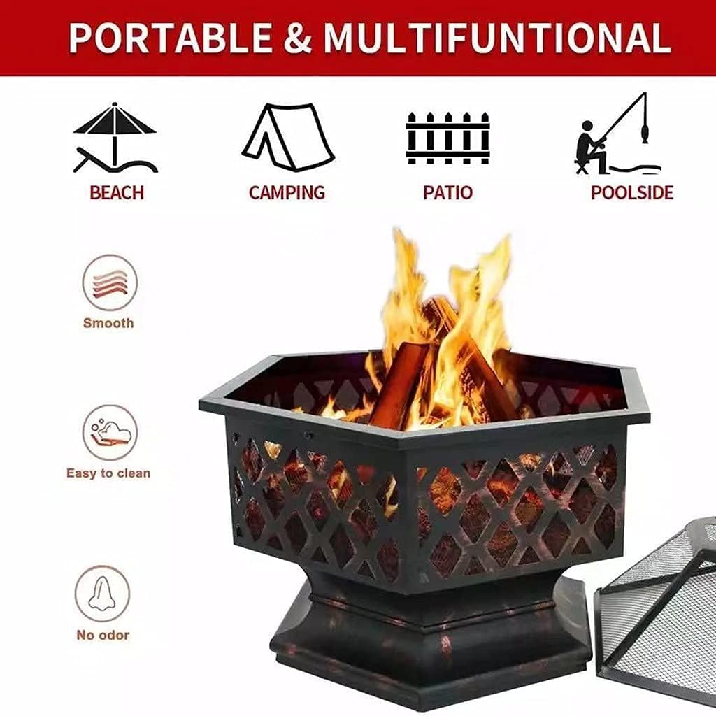Garden Fire Pit Grill Bowl Grill Barbecue Rack Outdoor Fire Pit Bowls Wood Burning, Hex-Shaped 24In Steel Fire Pit for Garden with Spark Screen Grill and Grate for Garden,Patio,Yard