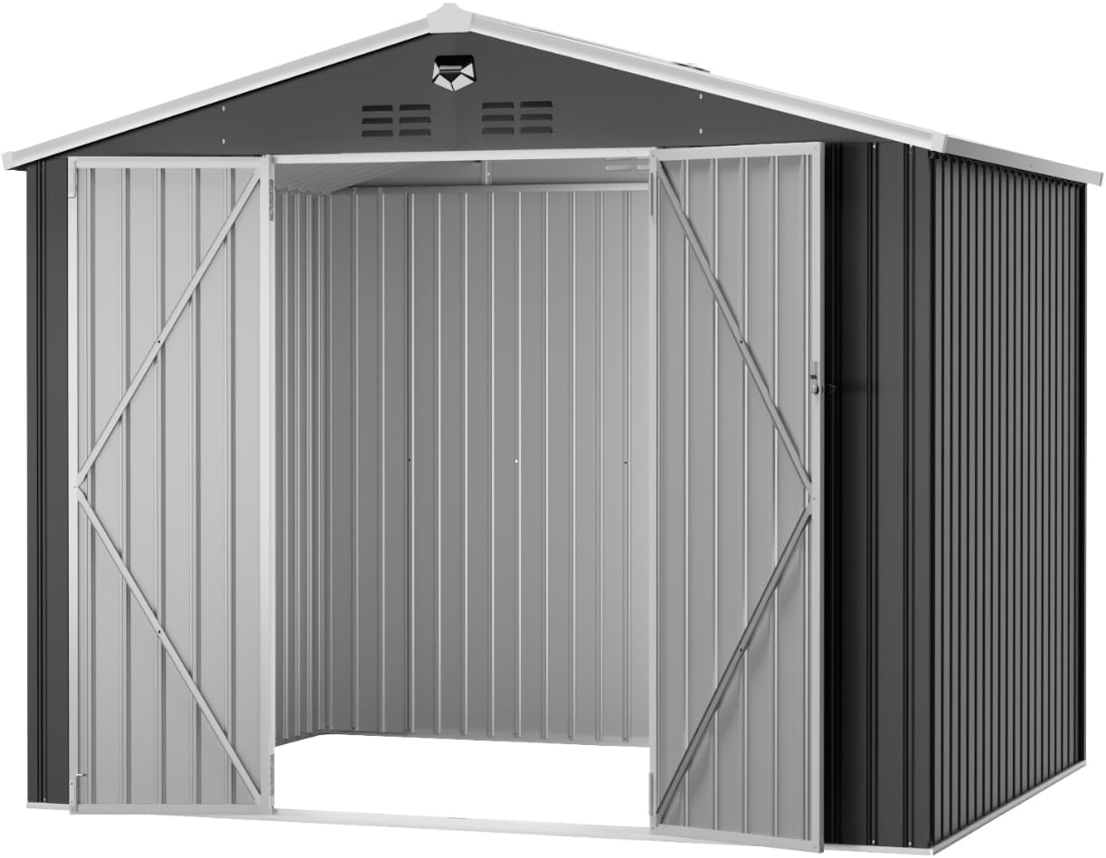 10x8 FT Outdoor Storage Shed, Metal Sheds & Outdoor Storage, Waterproof Sheds with Lockable Doors for Backyard (Black, No Window)