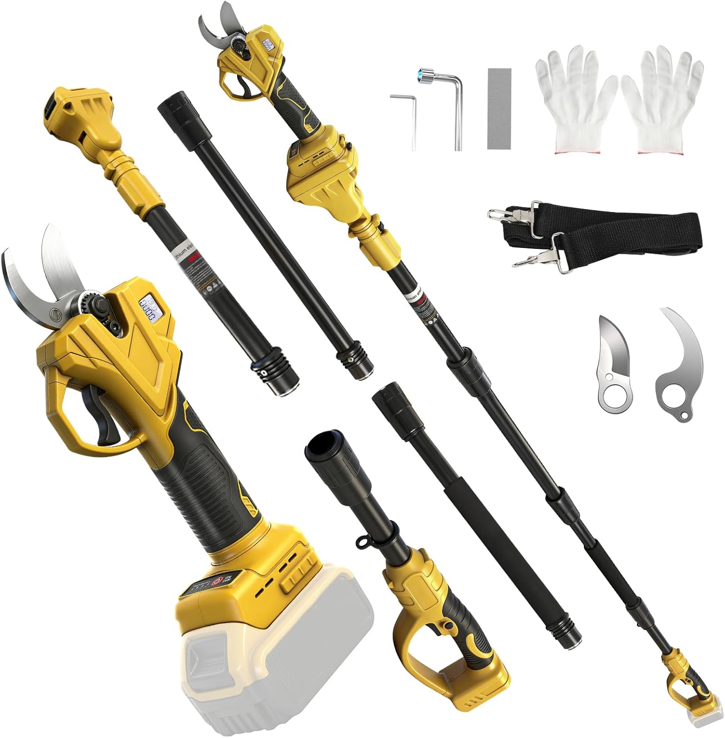 Cordless Pruning Shears Compatible with Dewalt 20V, Electric Pruning Shears with Extension Pole up to 4.57m Range, LCD Display 35 mm Battery Pruning Shears & Loppers for Garden (No Battery)