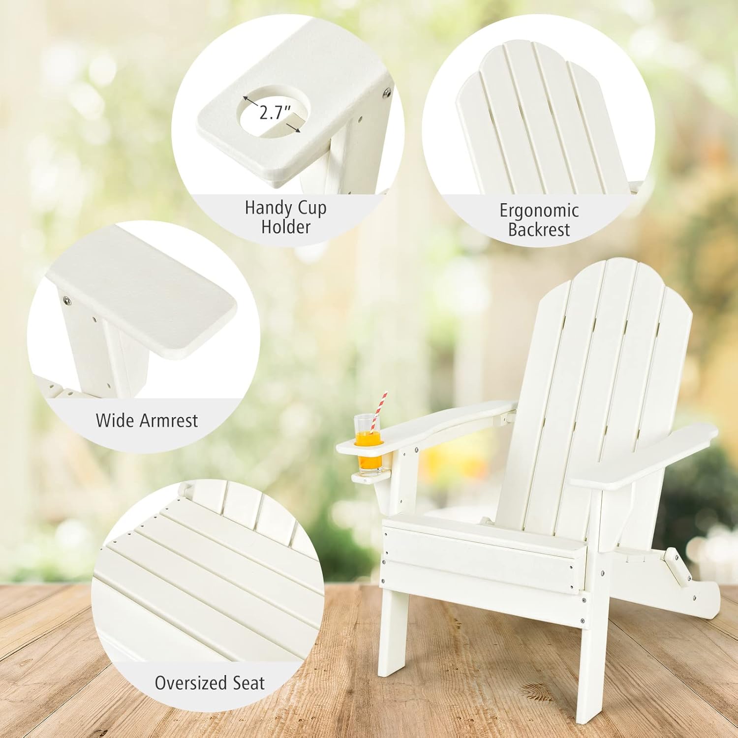 Giantex Folding Adirondack Chair Set, HDPE Weather Resistant Fire Pit Chair Set with 18-Inch Outdoor Side Table, Cup Holder, Lounge Set for Outside, Deck, Backyard, Porch, Poolside, White