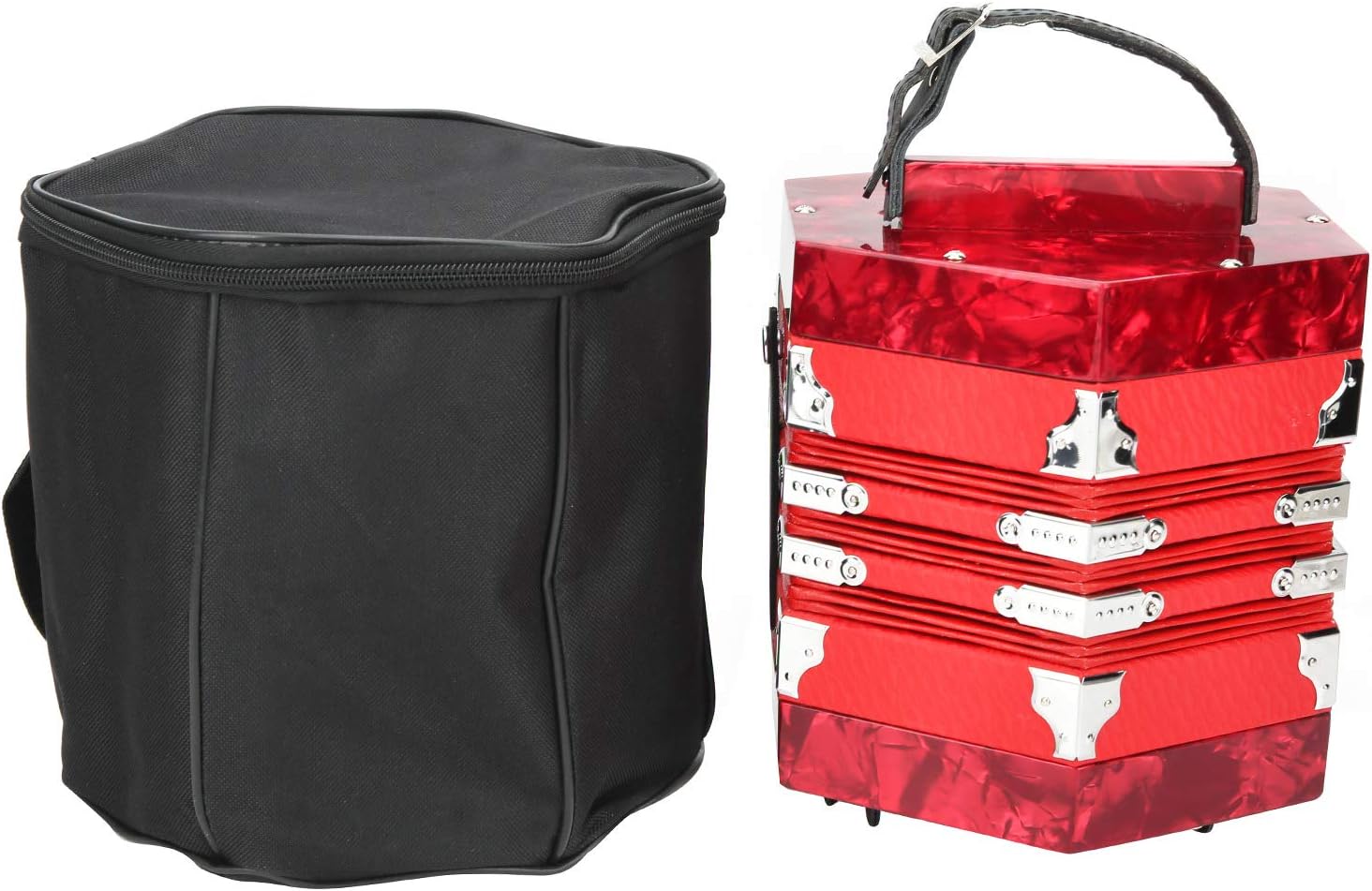 Concertina Accordion Portable Musical Instrument, Solid Wood, 3 Colors - Adjustable Hand Strap, Lightweight Design, Ideal for Beginners and Adults (Red)