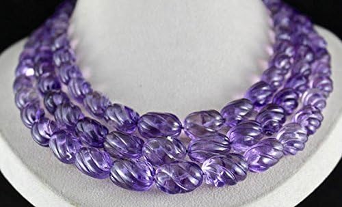 3 Line Natural Brazilian Amethyst Carved Beads Necklace 20 INCHES 20 MM to 11 MM