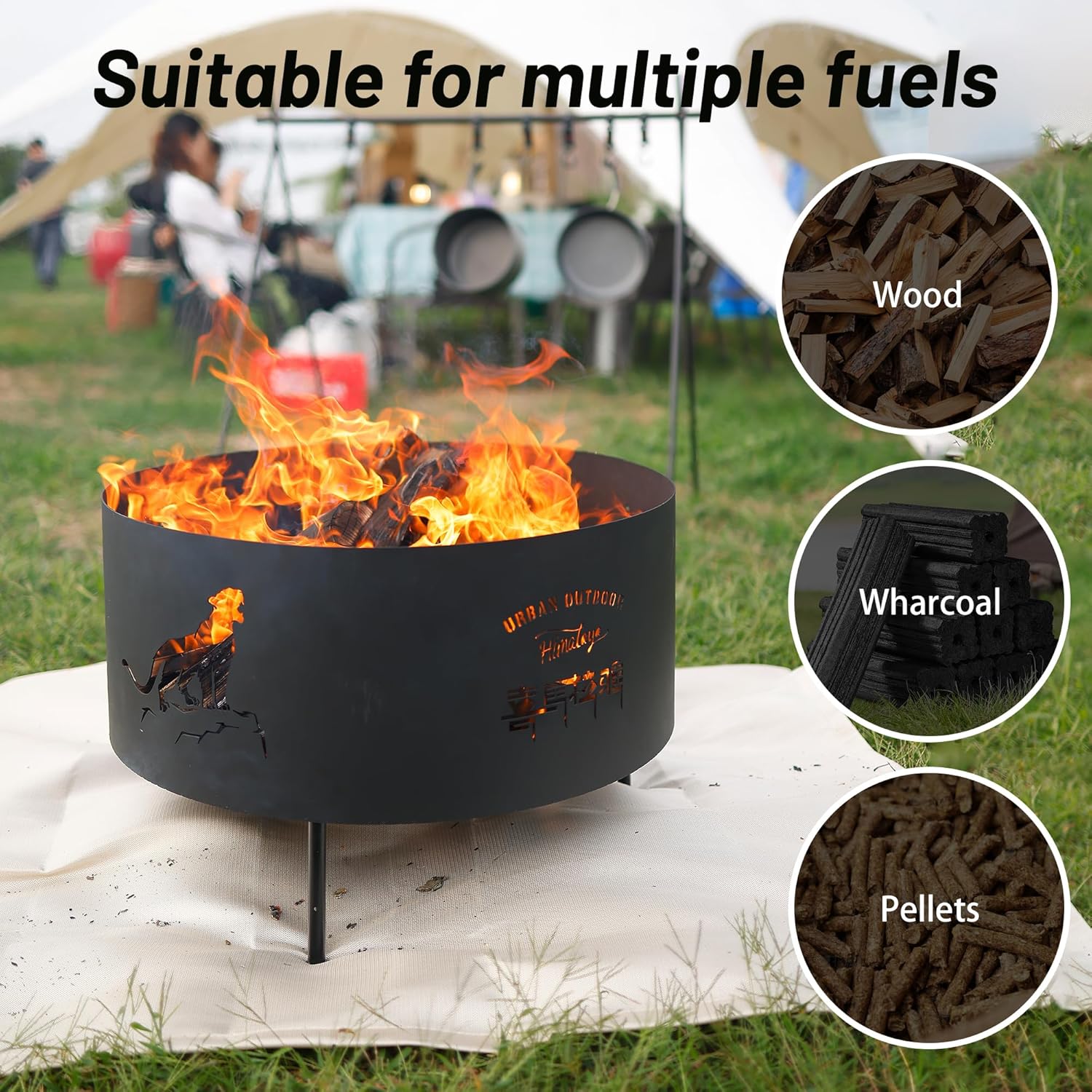 Portable Metal Fire Pit, Small Cylindrical Wood Burning Grill Fire Pits for Outside, Poker and Round Waterproof Cover, BBQ& Outdoor Fire Pit for Patio, Picnic, Party (Large)
