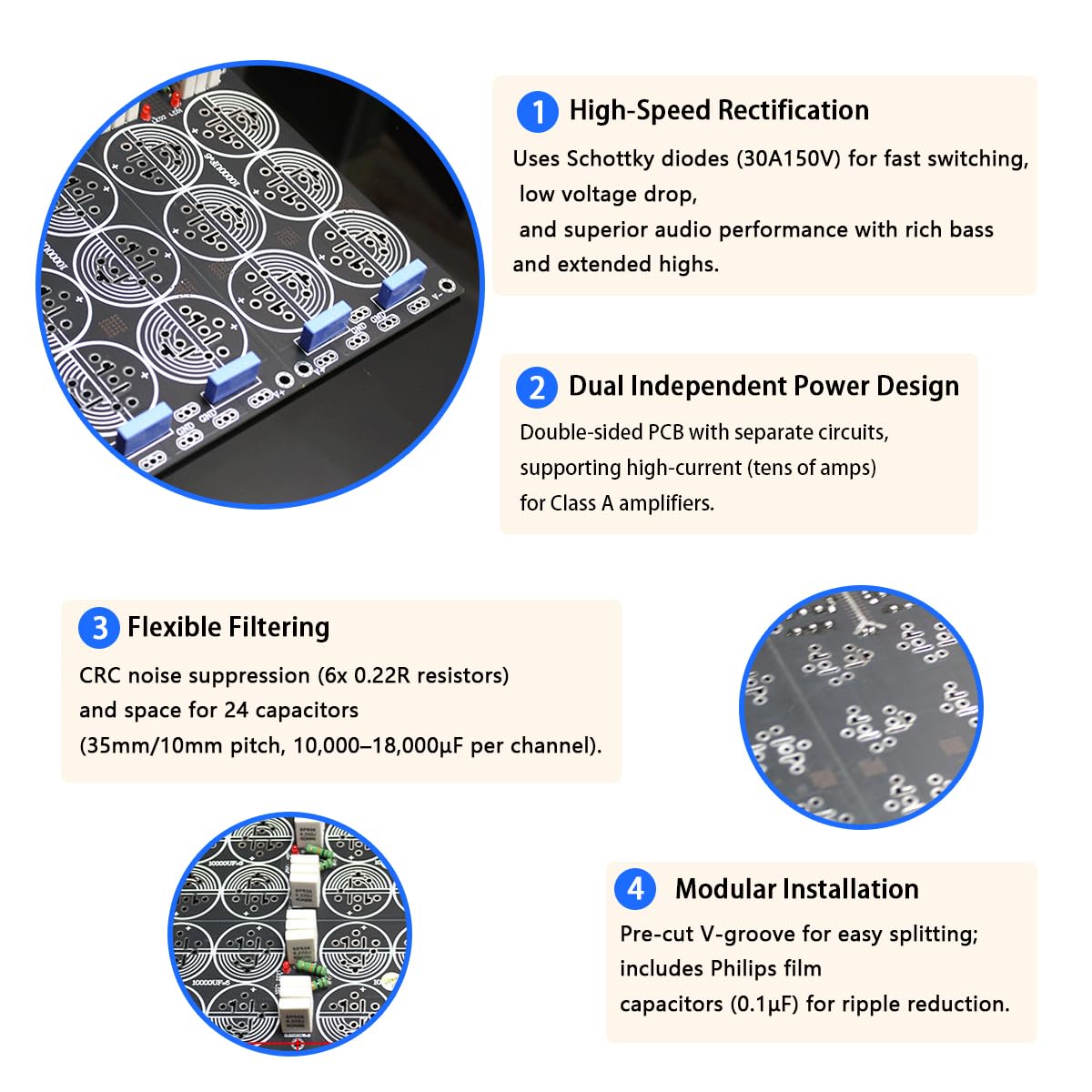 HiFi Class A Power Amplifier Dual-Sided Tinned PCB Power Supply Board – 120A Schottky Rectifier, CRC Filtering, Supports 240,000μF Capacitance – DIY Audio PSU Module