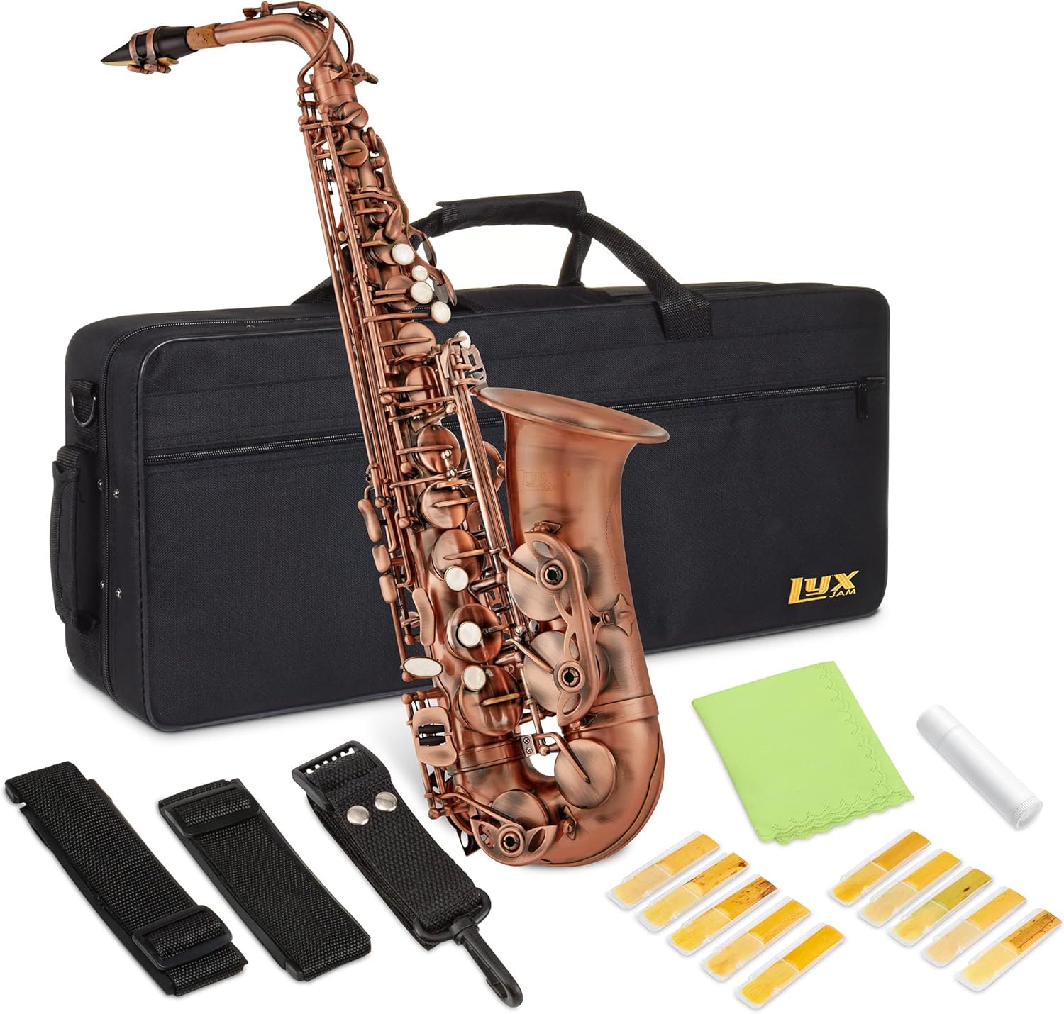 Alto Saxophone E Flat Brass Sax Kit, Professional Sound, Complete Accessories, Ideal for All Players, Includes Hard Case, 10 Extra Reeds, Strap, Gloves, Cleaning Kit & More, Antique Red Finish