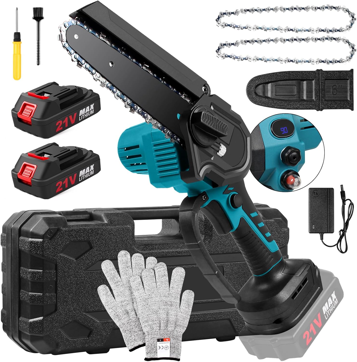 OneLeaf Mini Cordless Electric Chainsaw with 2 Batteries & 3 Chains, 6 Inch Small Chainsaw Battery Powered, Portable Hand-Held with Power display, Gardening Tools for Branch, Wood