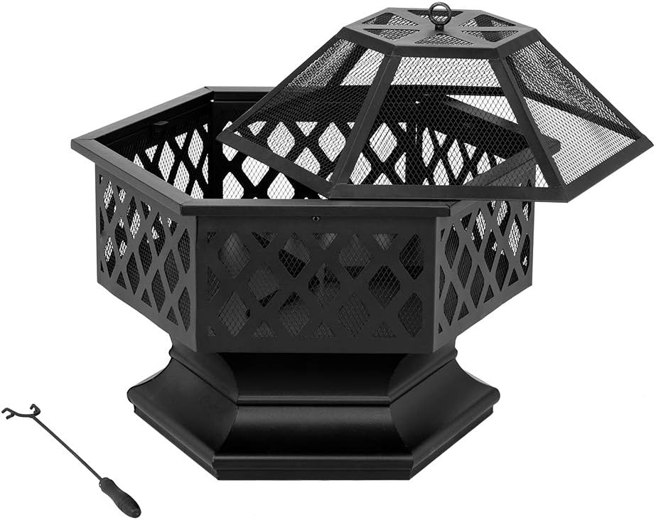Fire Pits 27in Hexagonal Metal Fire Bowl Outdoor Firepit Backyard Patio Wood Burning Fireplace with Mesh Screen Cover Poker for Camping Picnic Bonfire