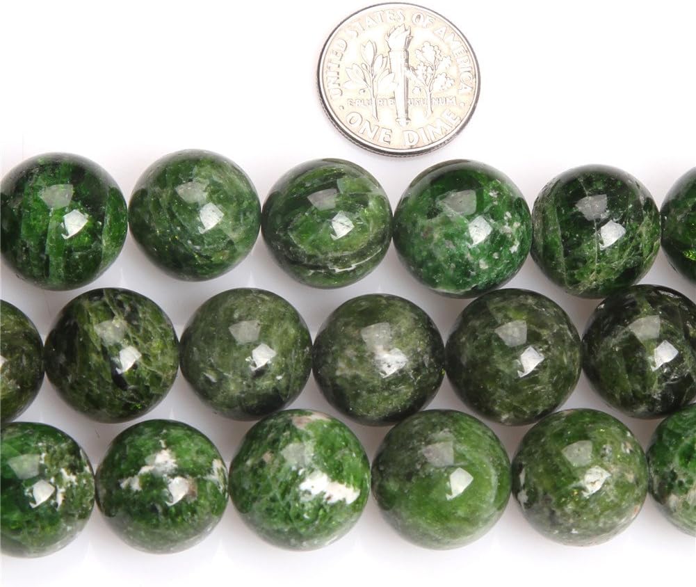 AAA Natural Round Smooth Semi Precious Stone Beads for Jewelry Making 15'' (Green Diopside/14mm)