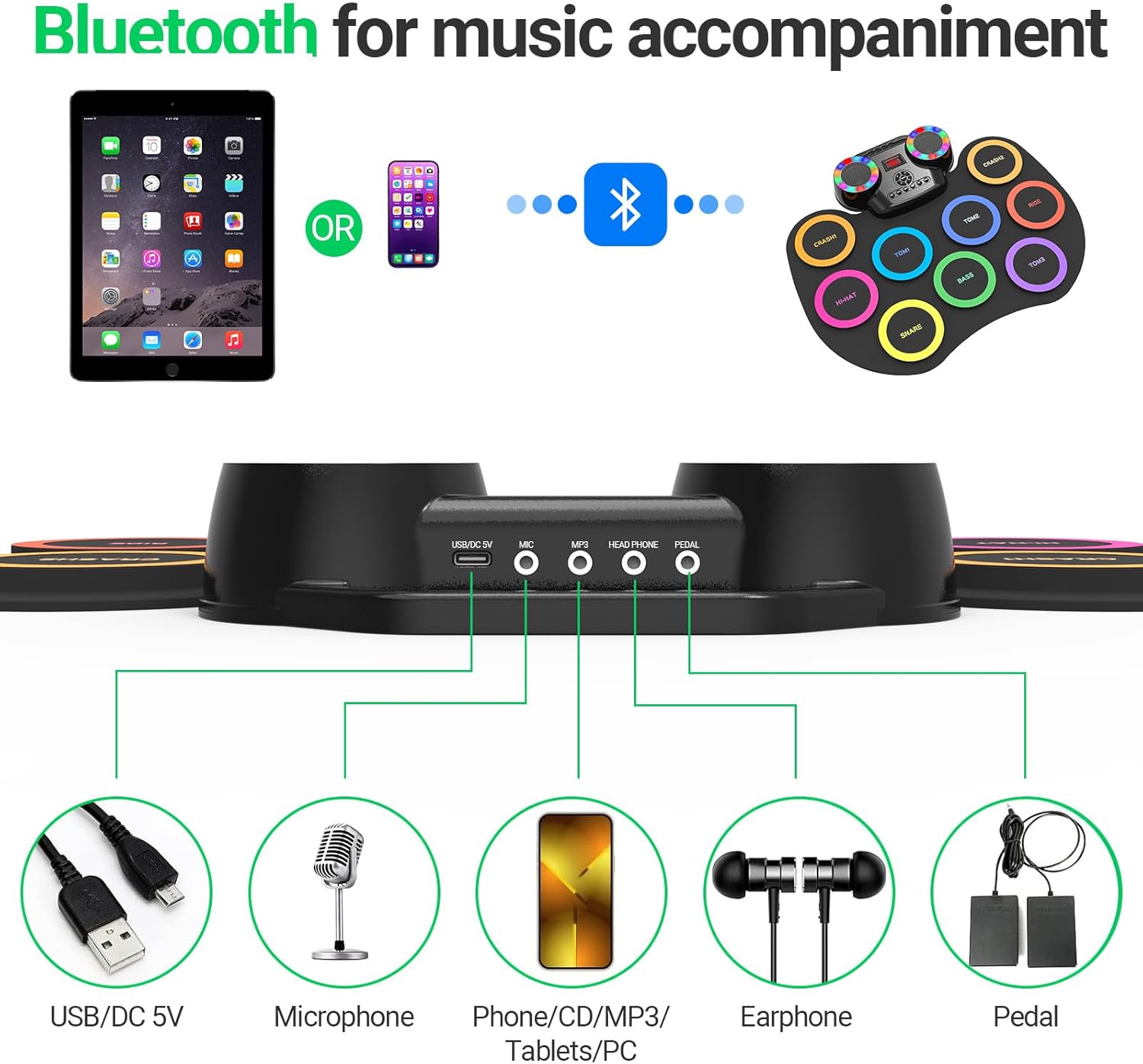 ROCKSOCKI Electronic Drum Set 9Pads with LED Lights, Bluetooth Portable Electronic Drum Kit, Roll-Up Practice Drum Pad, Built-in Dual Speakers, Headphone, Holiday Birthday Gift for Kids