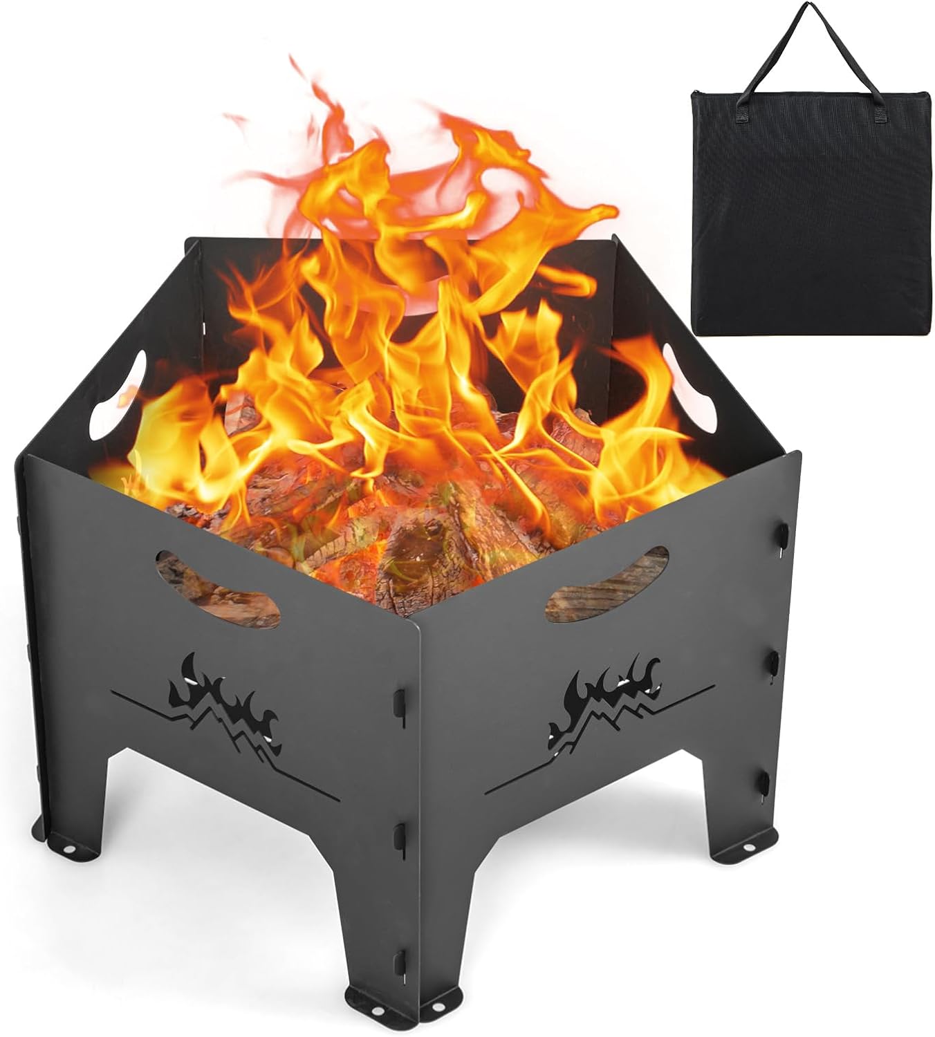 HAPPYGRILL Portable Fire Pit with Storage Bag, Heavy Duty Wood Burning Fire Pits w/Plug-in Design, Bottom Airflow Holes, Folding Firepit Stove for Outdoor Camping, Patio, Picnic, Bonfire