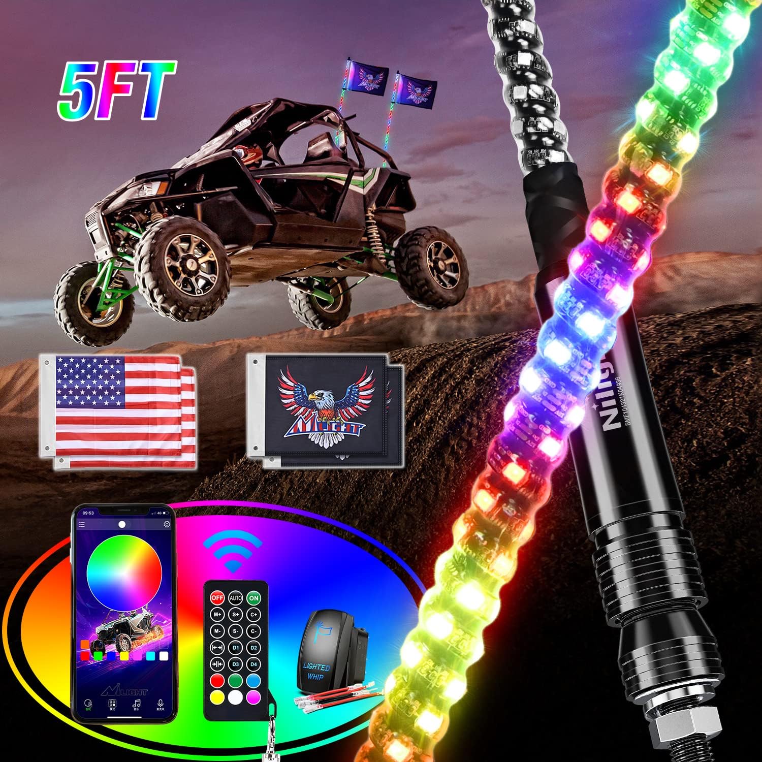 Nilight 2PCS 5FT RGB LED Whip Light, Remote App Control w/DIY Chasing Patterns Stop Turn Reverse Lighting Modes Safety Lighted Antenna for ATV UTV Polaris RZR Can-am Dune Buggy Jeep