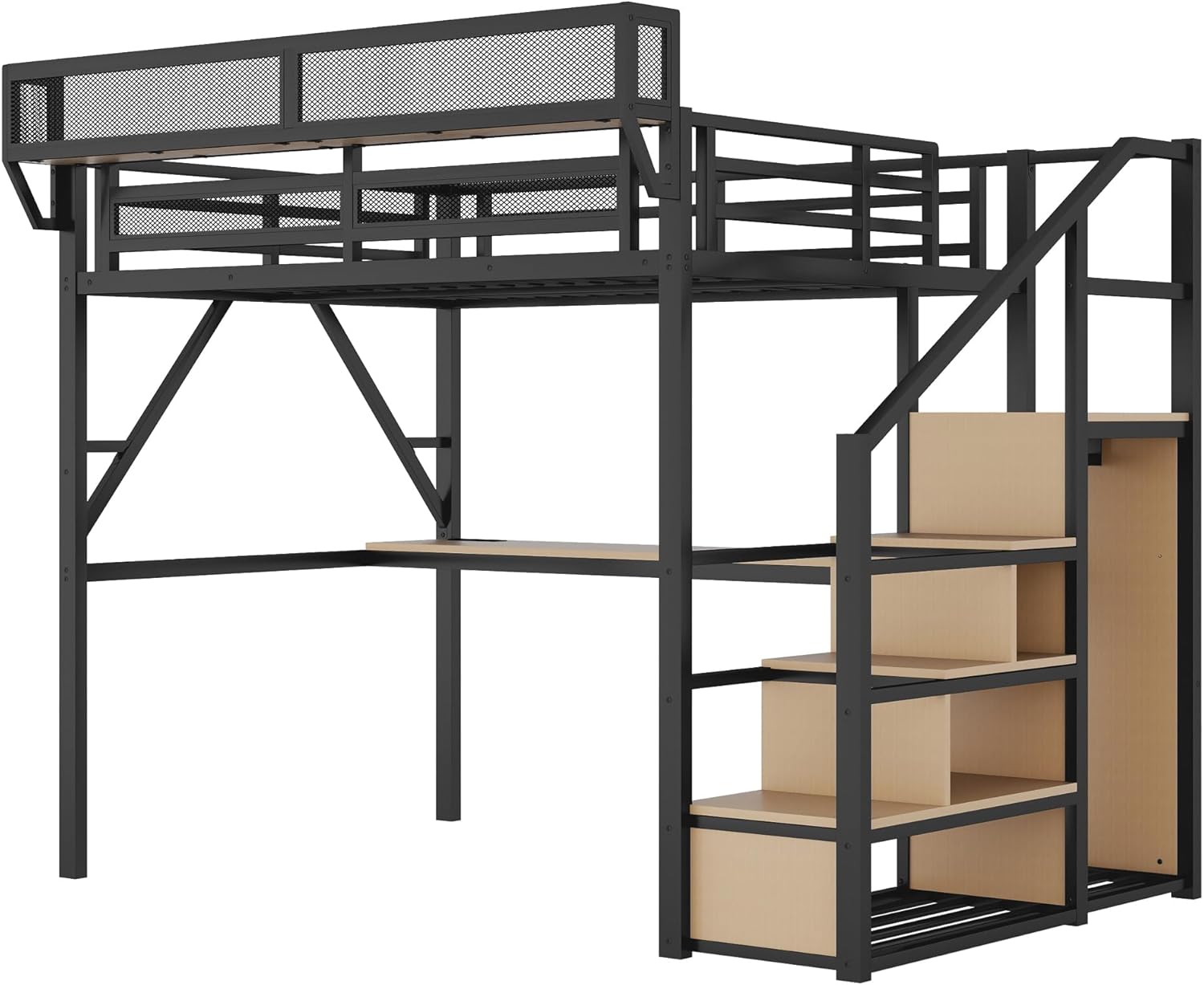 Full Loft Bed with Desk and Charging Station, Full Size Metal Loft Bed with Stairs and Light for Kids Teens, Black, Patent Products