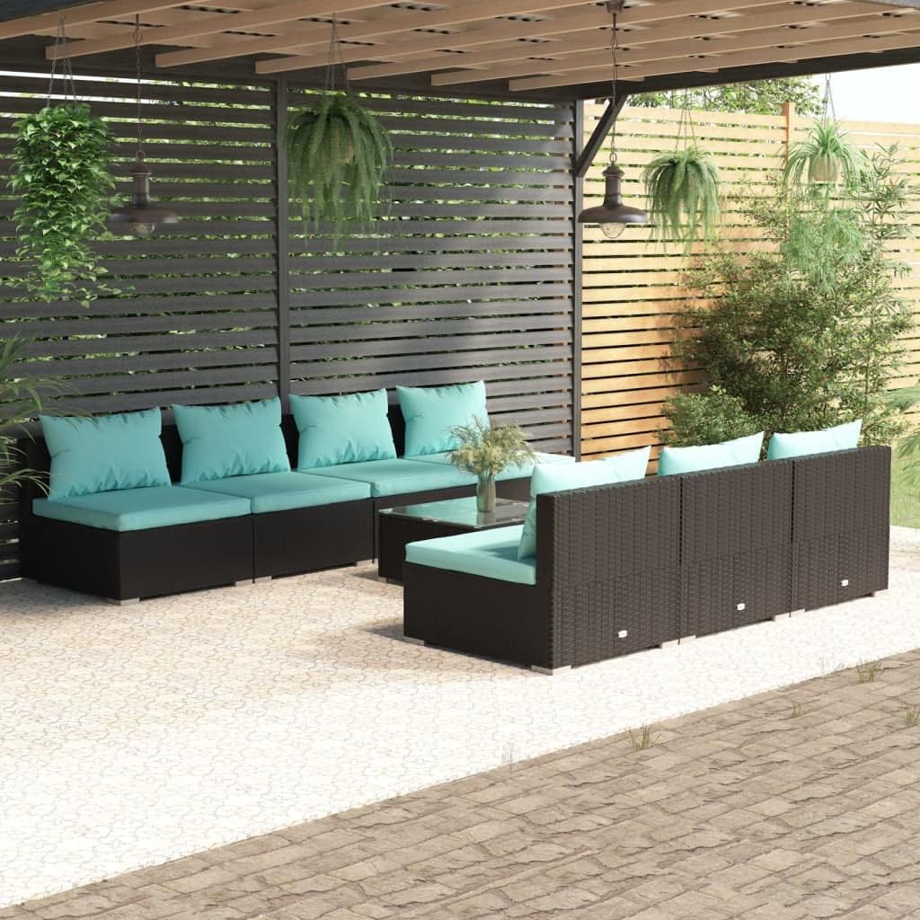 8 Piece Patio Lounge Set with Cushions Poly Rattan Black,Modular Black Outdoor Patio Lounge Set with Aqua Cushions for Entertaining Patio Furniture Sets, Outdoor Furniture Sets