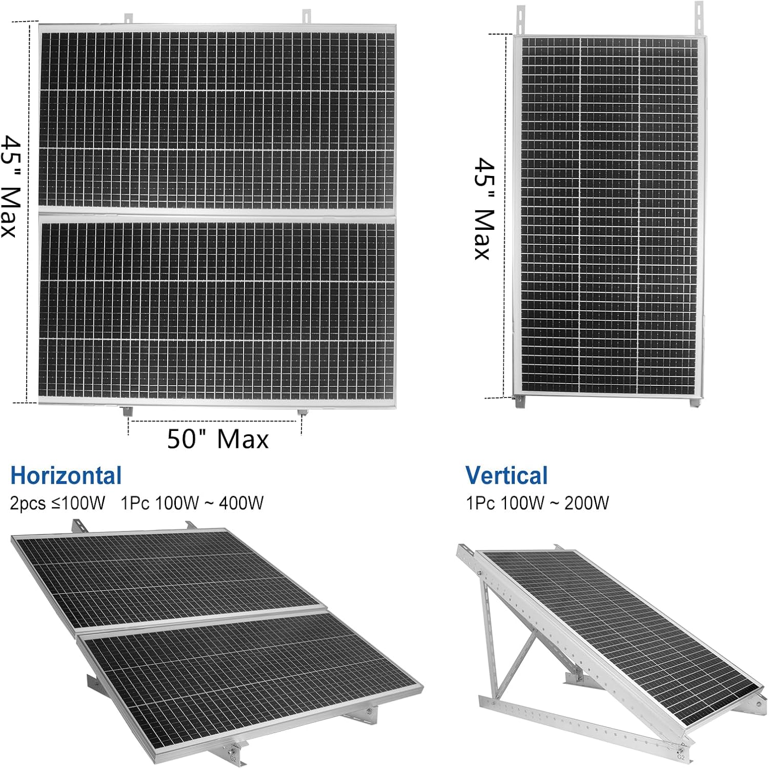 2 Sets 45'' Solar Panel Mount Brackets for 100-400 Watt Solar Panel,with Foldable Tilt Legs and Reinforced Cross Bars,Suitable for RV, Roof, Boat, Off-Grid etc.